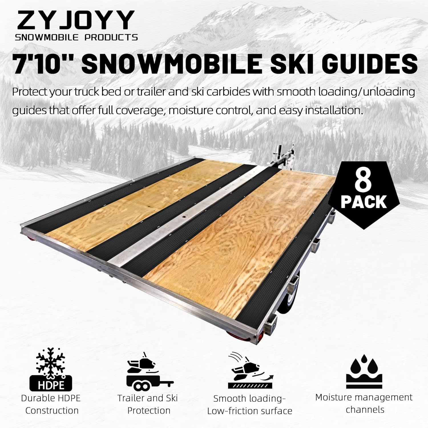 ZYJOYY 7' 10" Snowmobile Trailer Ski Guides - 8 Pack HDPE Low-Friction Ski Glides Durable Ramp Protector for Easy Loading/Unloading, Recessed Mounting for Flush Installation on Truck Bed or Trailer
