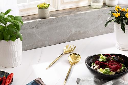 Miniatura 2 de Juego de servidores de ensalada dorados con asas de bronce, para ensaladas de verduras y pasta