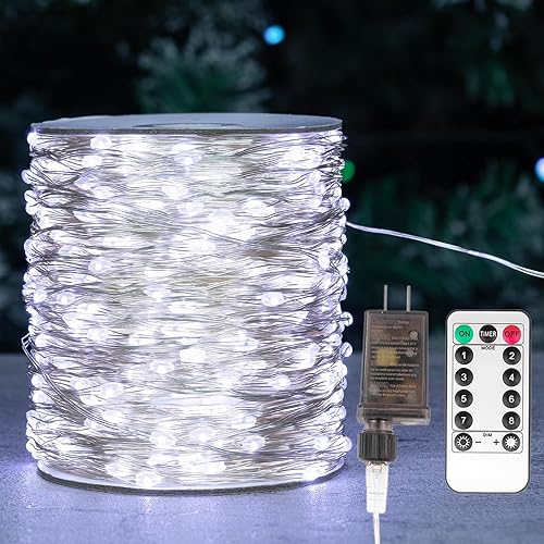 Miniatura 8 de ZELUXDOT Guirnalda de 1000 luces LED enchufables de 328 pies de largo, impermeable, alambre plateado, con control remoto, blanco cálido para