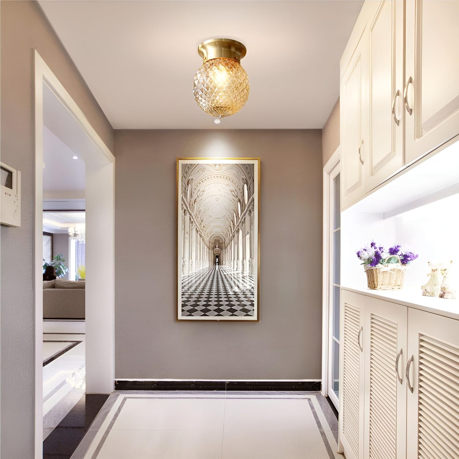 Gold Semi Flush Mount Ceiling Light Small Globe Glass Ceiling Light Fixture Vintage Bathroom Close to Ceiling Light Farmhouse Antique Brass Ceiling Light Pineapple Ceiling Lamp MCL18