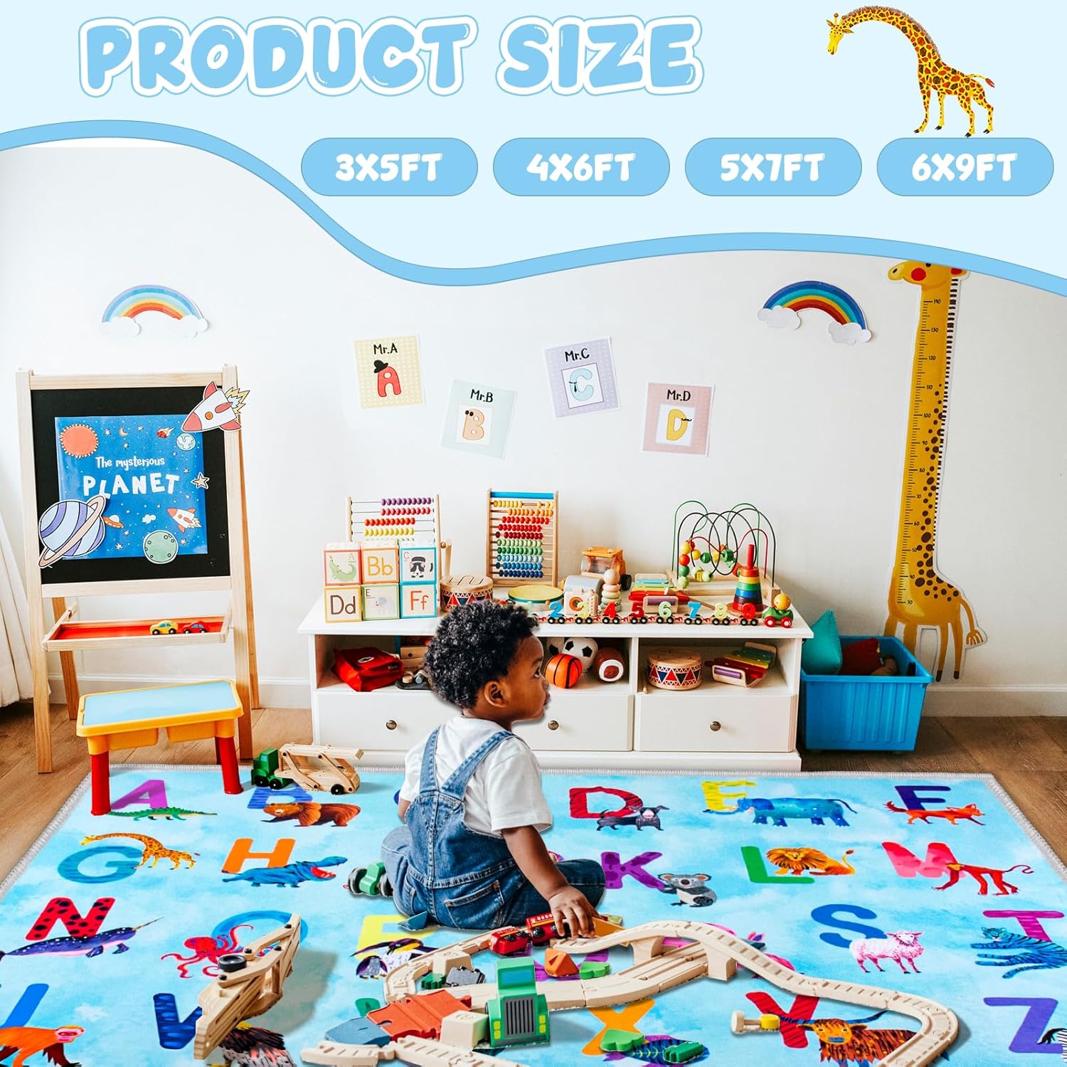 Classroom Rug for Kids Large Alphabet Rug for Classroom Elementary, Stain-Resistant Material, Quiet Floor Mat for Preschool, Daycare & Homeschool Playroom