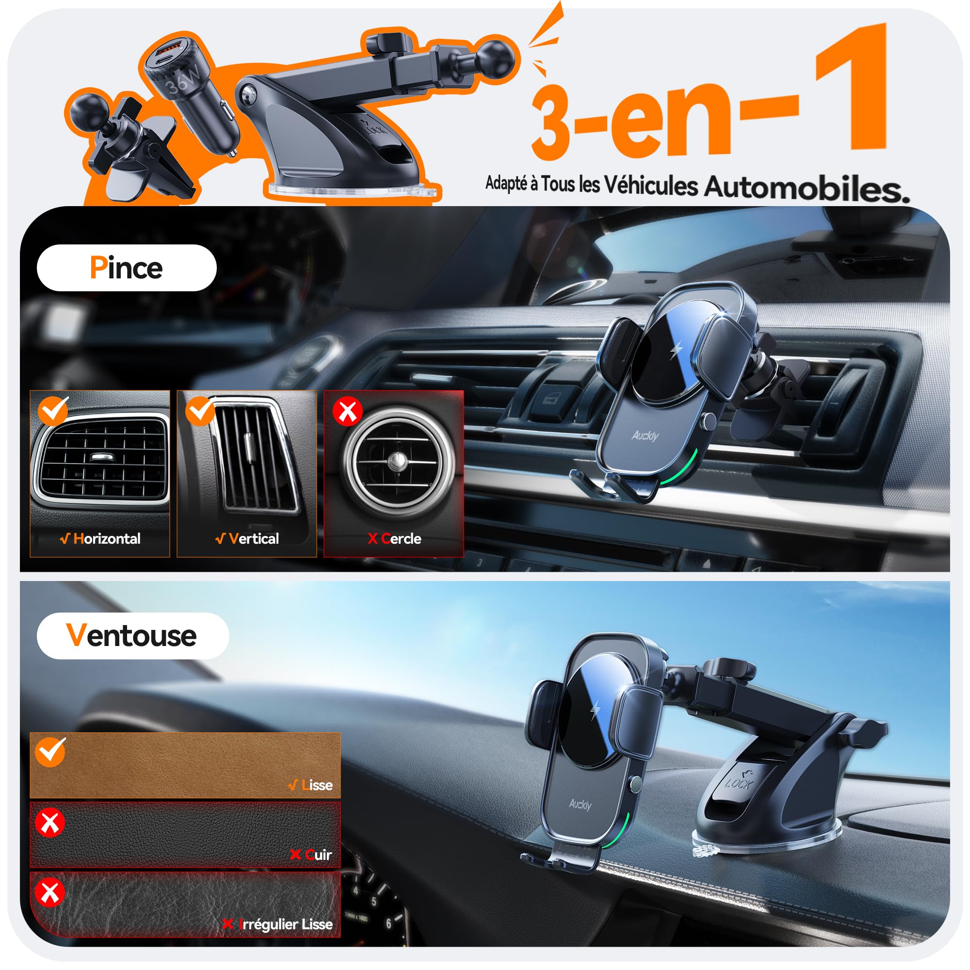 Auckly 15w Support Telephone Voiture Induction,【60W PD+QC+Ventouse+Agrafe】 Rapide Chargeur Induction Voiture, pour iPhone 11 12 13 14 15 16 Série & Samsung S24 S23 S22 etc. [A02 XPAC]