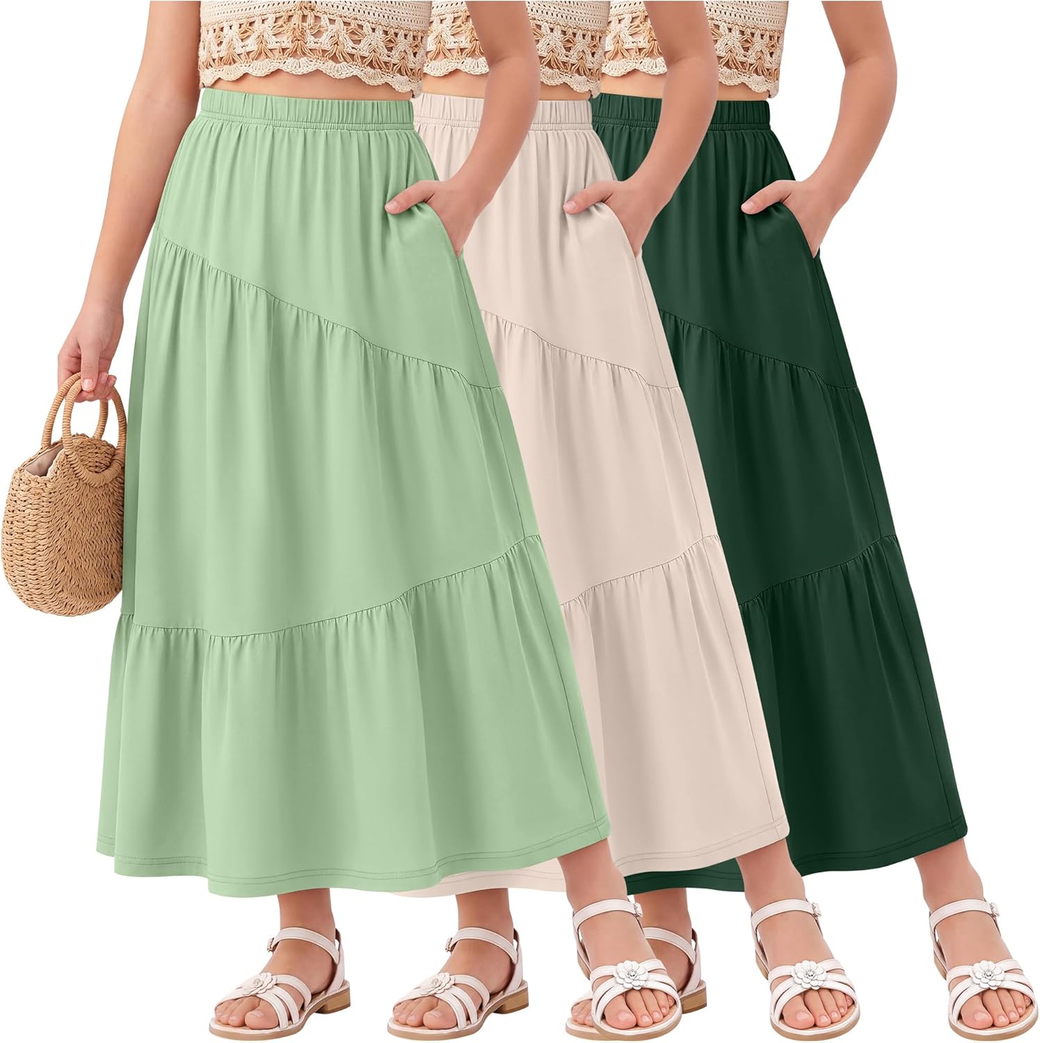 3 Pack Girls' Maxi Tiered Skirts with Pockets 5-16 Years Long Casual Flowy Swing Elastic Waist Ruffle Summer Skirts