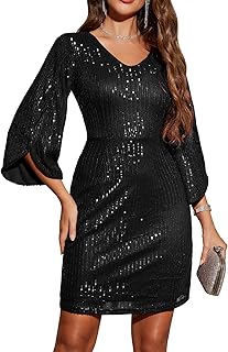 Sequin Dress for Women Sparkly Formal V Neck Long Slit Sleeves Glitter Bodycon Cocktail Party Prom Dresses - Buy now