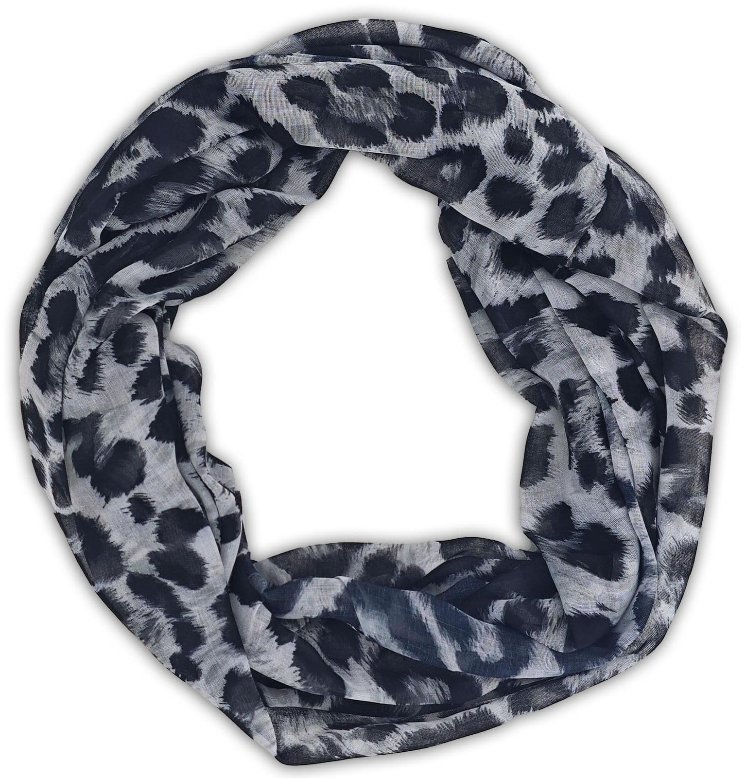 Stylebreaker Women's Grey-Black Leopard Print Loop Scarf | Lightweight Viscose Neck Scarf For Spring And Summer | Soft And Airy Fashion Accessory, Colour: