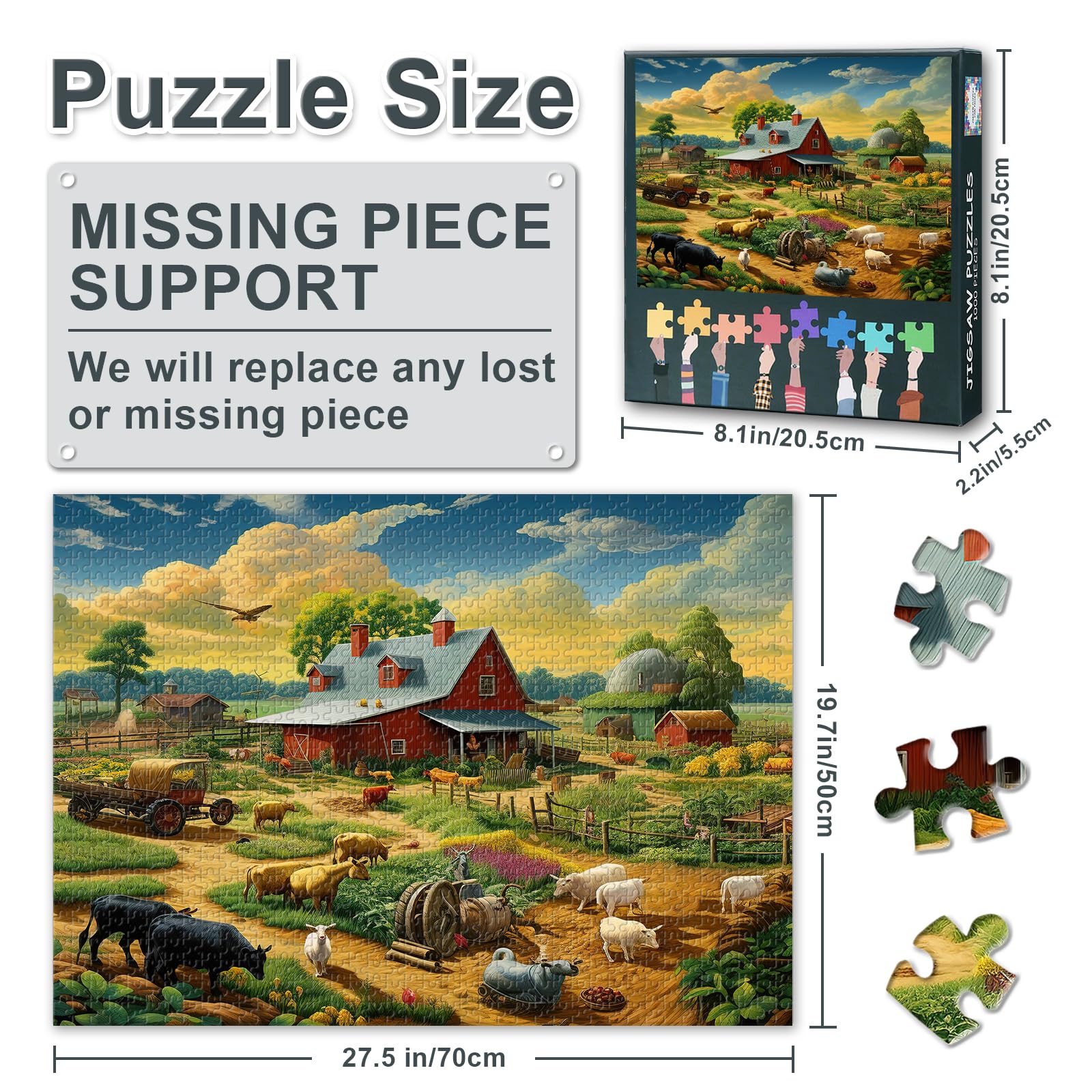 Pasture 1000 Piece Puzzle for Adults Farm with Cows and Horses in the Field Jigsaw Puzzles for Adults Funny Challenging Puzzles Unique mental Exercise Finished Puzzle Size: 70 x 50 cm - Image 3