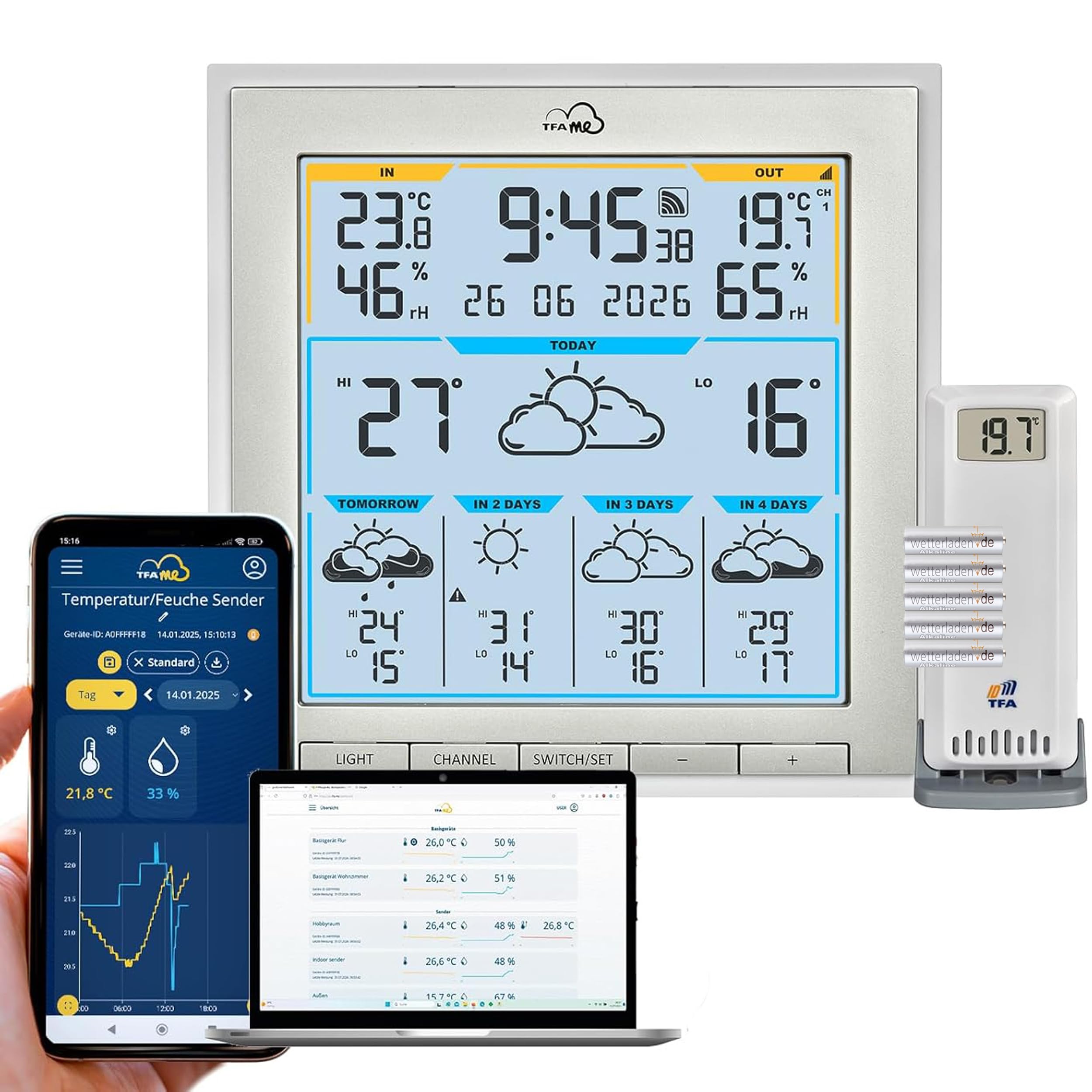 TFA 35.8105 WLAN Funkwetterstation TFA.me ID-08 Wetterprognose wetter.com 5 Tage mit Wettersymbolen, UV-Index, Regenmenge, Windgeschwindigkeit, Windrichtung (weiss mit Batterien)