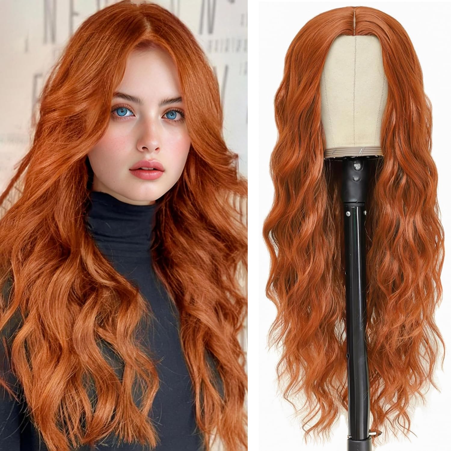 PORSMEER Long Wavy Middle Part Fluffy Curly Copper Wig - Natural Looking Synthetic Heat Resistant Fiber Wigs for Daily Party Use