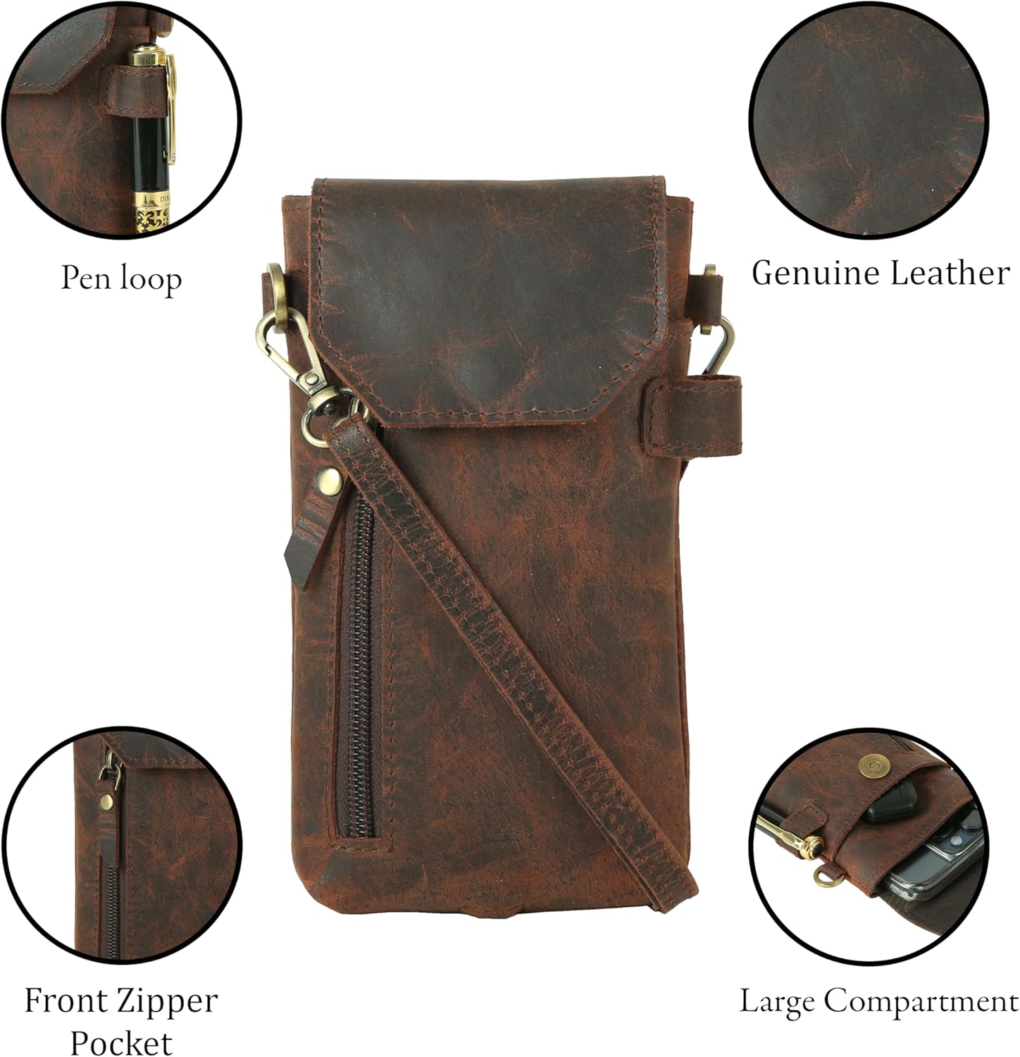 Leather Phone Holster – Full-Grain Buffalo Leather Cell Phone Belt Case with Shoulder Strap – Durable and Secure Mobile Holder for Women and Men