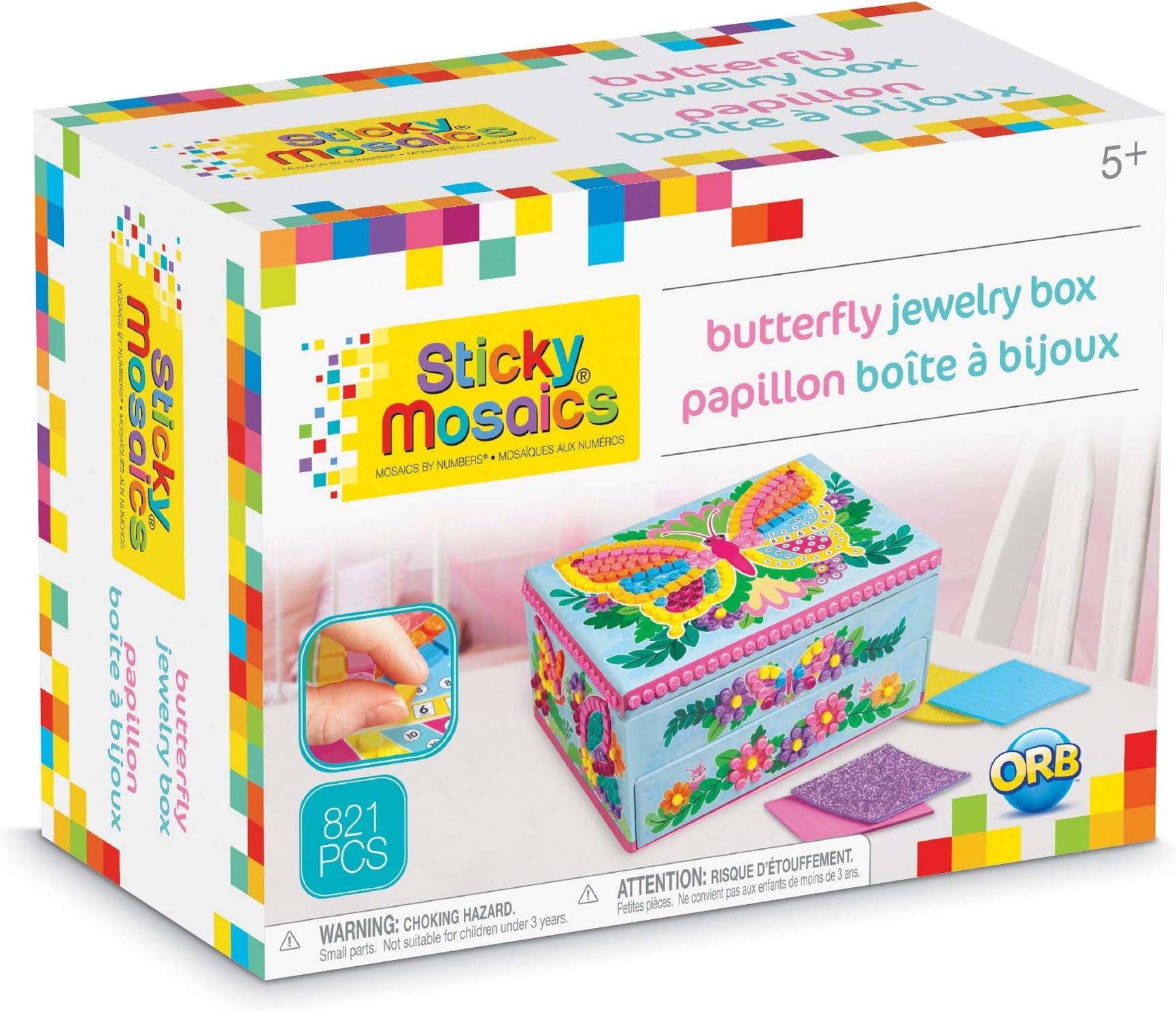 ORB Sticky Mosaics Butterfly Jewelry Box, Blue/Pink/Purple/Yellow, 8.26" x 4.37" x 6.37"