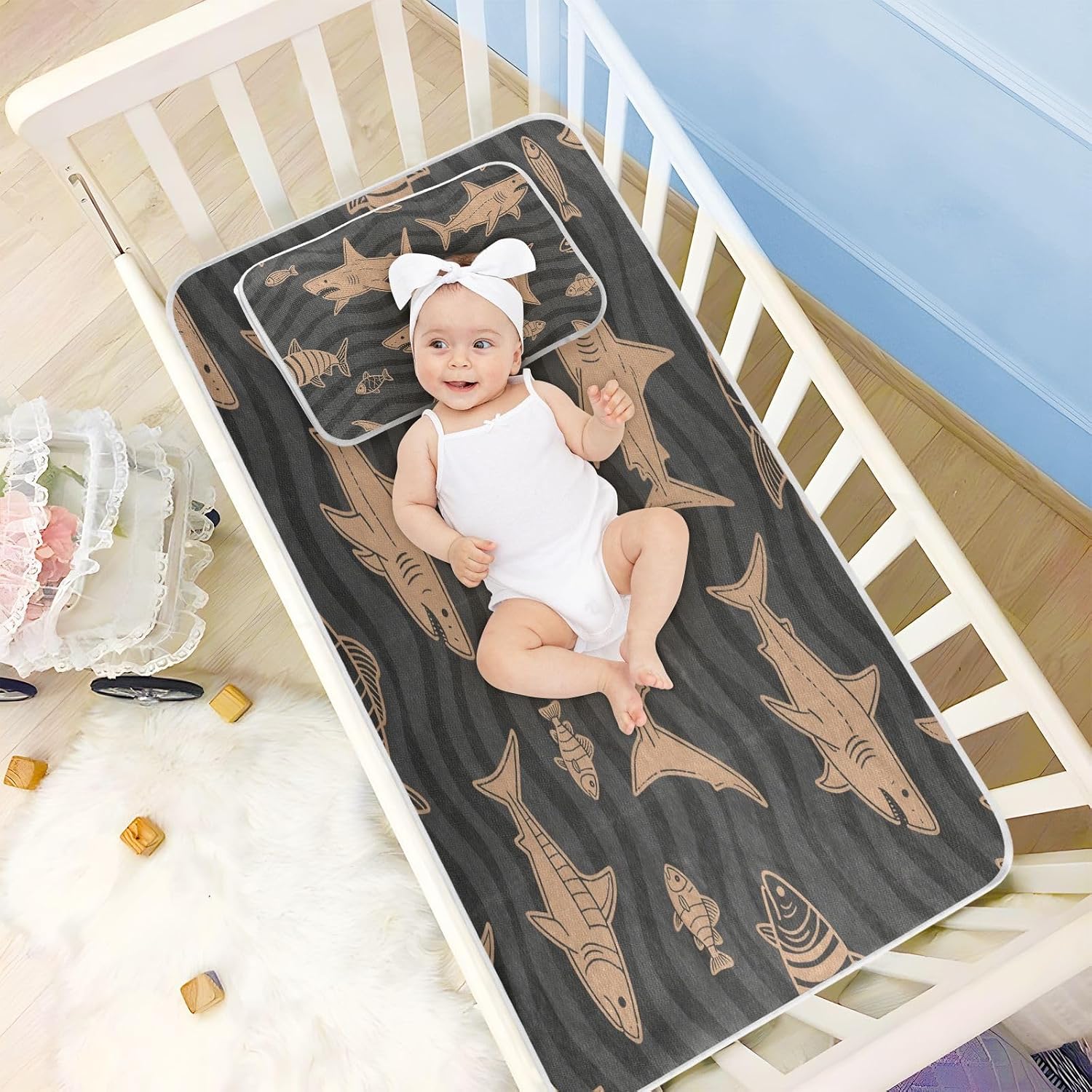 cooling baby crib waterproof mattress 28" x 52" absorbent Angry Animal Shark Fish Brown Khaki Black bed pads for baby&toddler