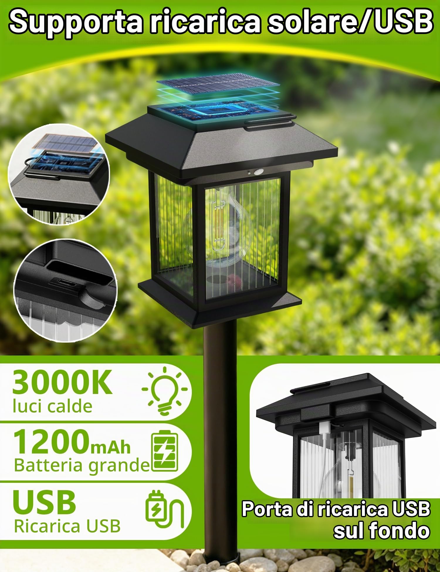 ACMHNC Lampade Solari da Esterno 4 Pezzi,Sensore di Movimento, Ricarica USB | IP65 Luci Solare da Giardino Esterno, 1200mAh, 3000K, 3 Modalità, Terra/Parete/Sospesa