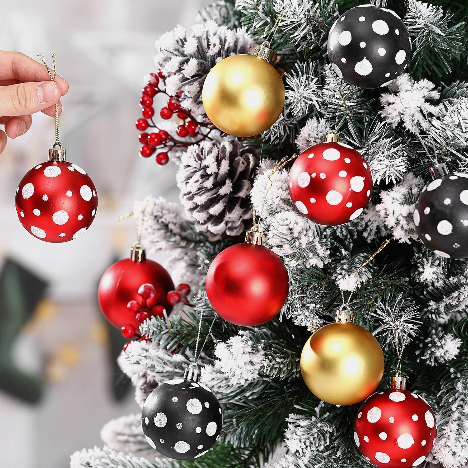 Syhood 12 Pcs 2.4 Inch Christmas Ball Ornaments Mouse Plastic Ball Tree Ornaments Cartoon Mouse Balls Red Black Yellow White Dot Decorations for Xmas Trees Party Home Decor
