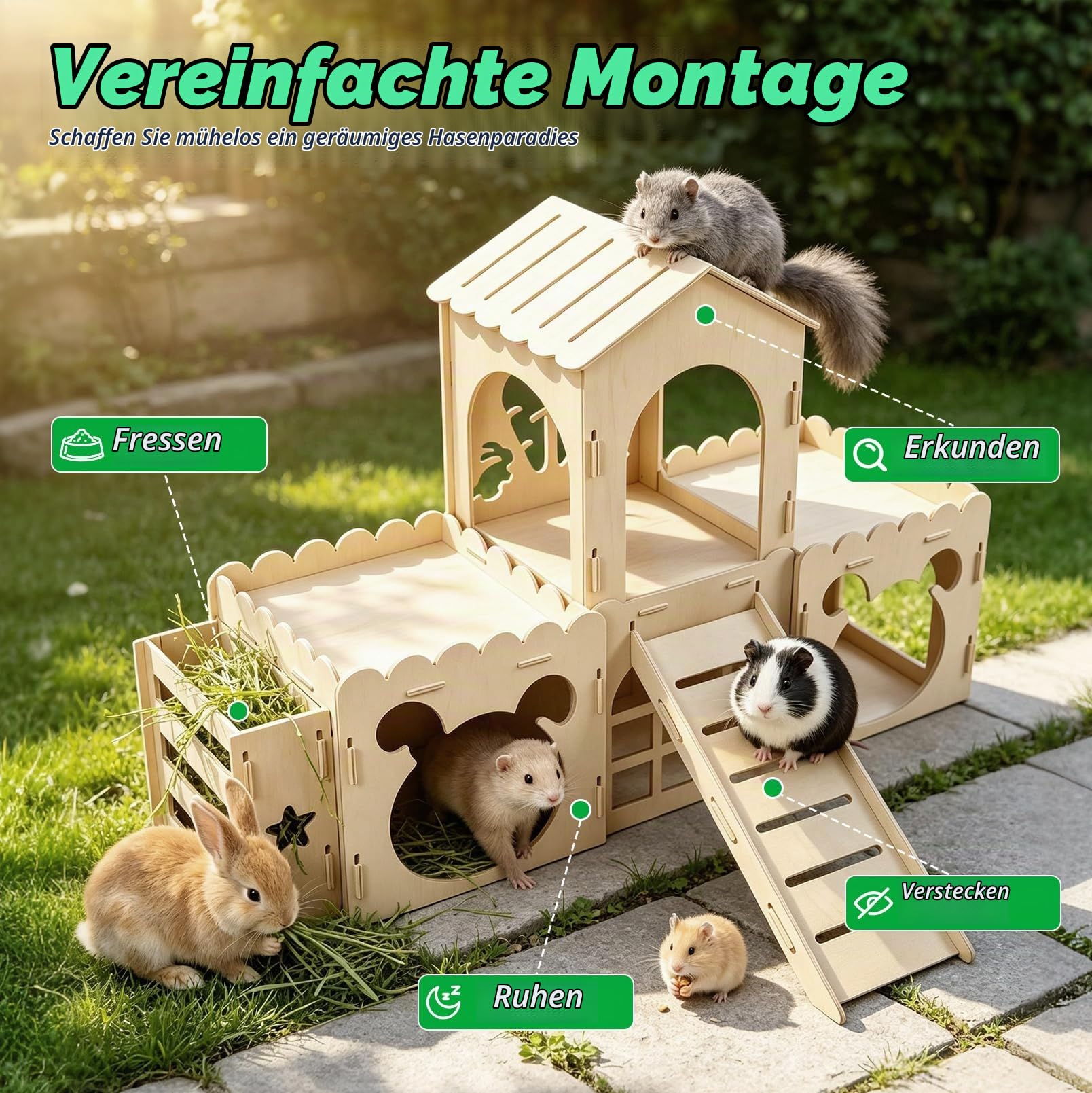 Bunny Castle Haus Mit Rampe, Kaninchenhaus Holzhaus Kaninchen, Belüftetes
