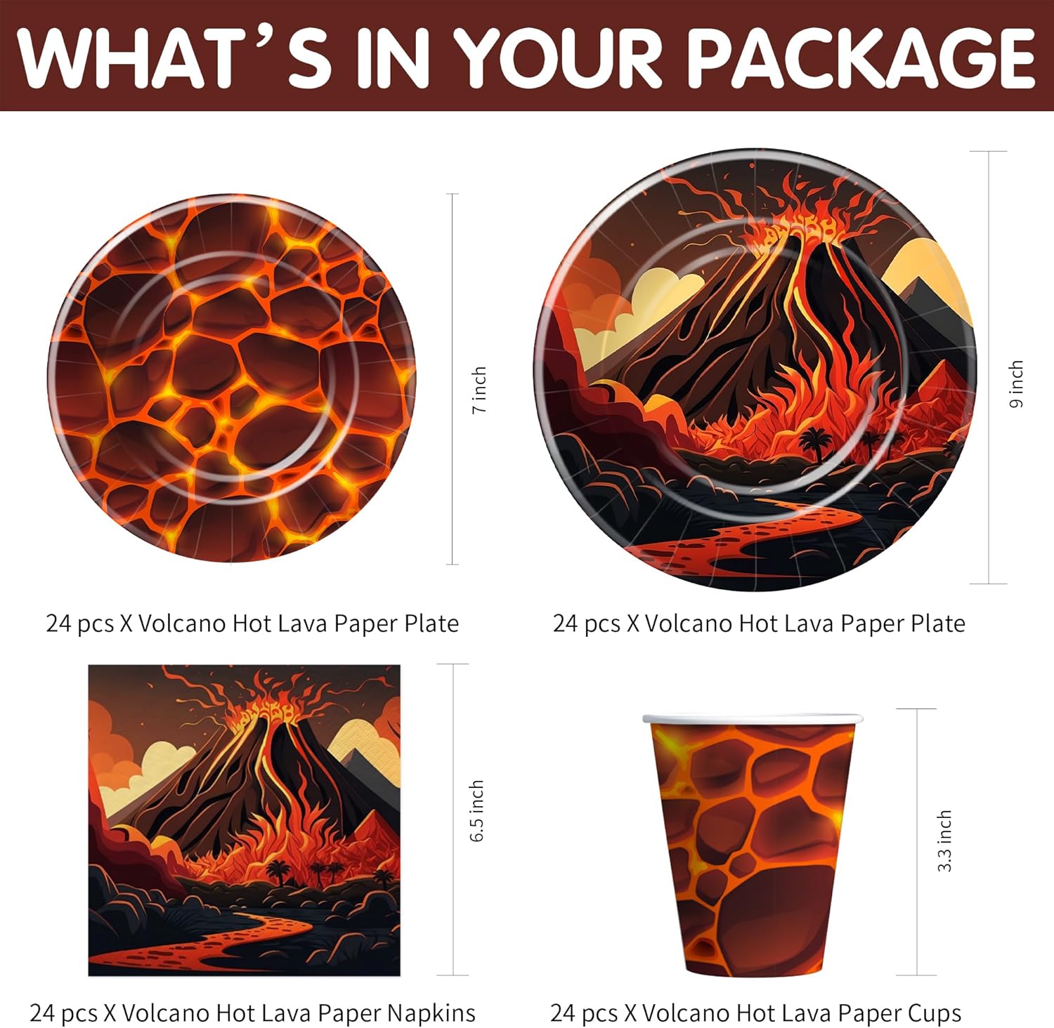 Volcano Party Decorations Tableware, Volcano Hot Lava Birthday Party Supplies, Paper Plate, Cup, Napkin, Tablecloth, Cutlery, Lava Volcano Theme Dragon Dinosaur Party Decorations, Serve 24