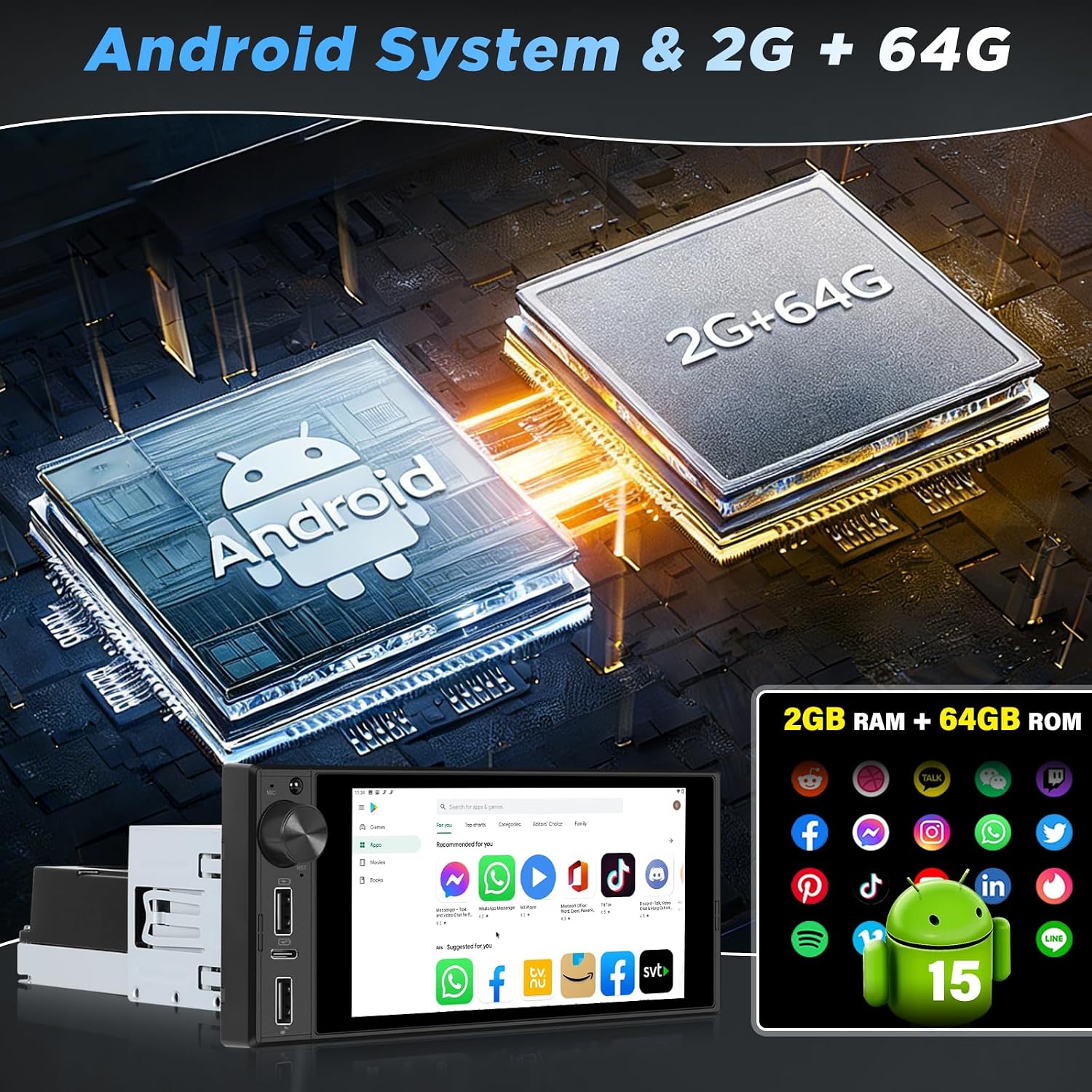 [2G+64G] Android Single Din Car Stereo with Wireless Carplay & Android Auto, Volxcereo 6 inch Incell Touch Screen Radio with WiFi/GPS Navigation/Bluetooth/Mirror Link/USB/FM/RDS/SWC/EQ