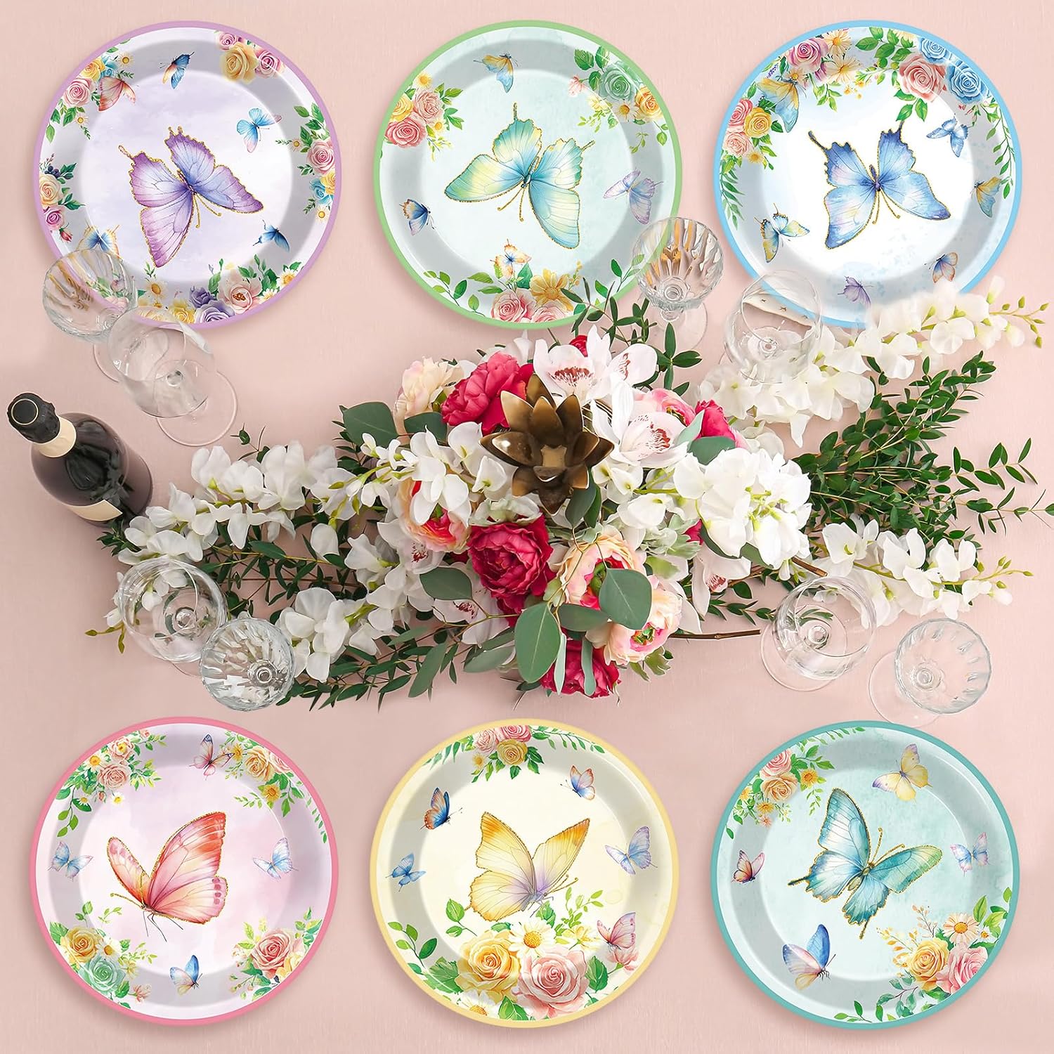 Wiooffen 80Pcs Butterfly Birthday Paper Plates Party Supplies 9Inch Spring Butterfly Floral Tableware Girl Baby Shower Dessert Plate Disposable Dinnerware Decorations for Bridal Wedding Tea Party - Image 7