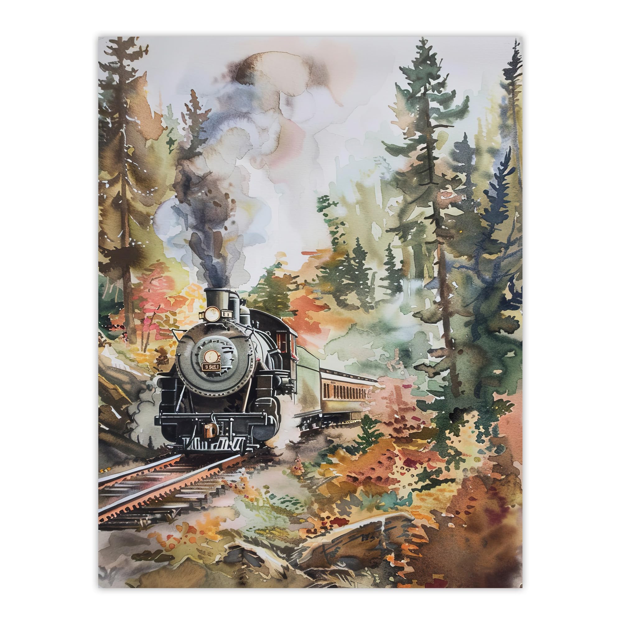 Artery8 Locomotive Train on Autumn Forest Railway Track Living Room Large Wall Art Poster Print Thick Paper 18X24 Inch