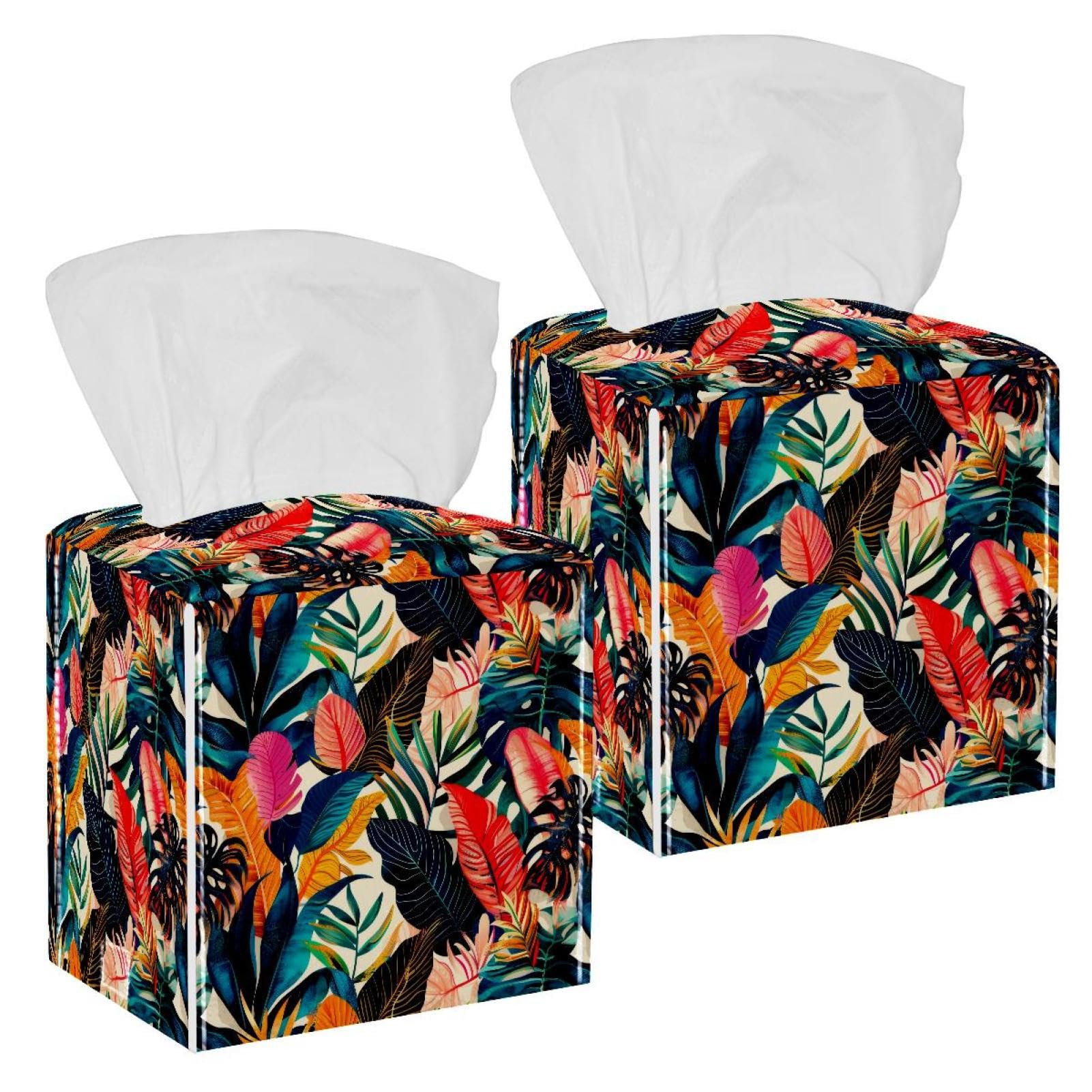 Tropical Palm Tissue Box Cover, 2 Pack PU Leather Square Facial Tissue Dispenser Box holder for Home Office Car