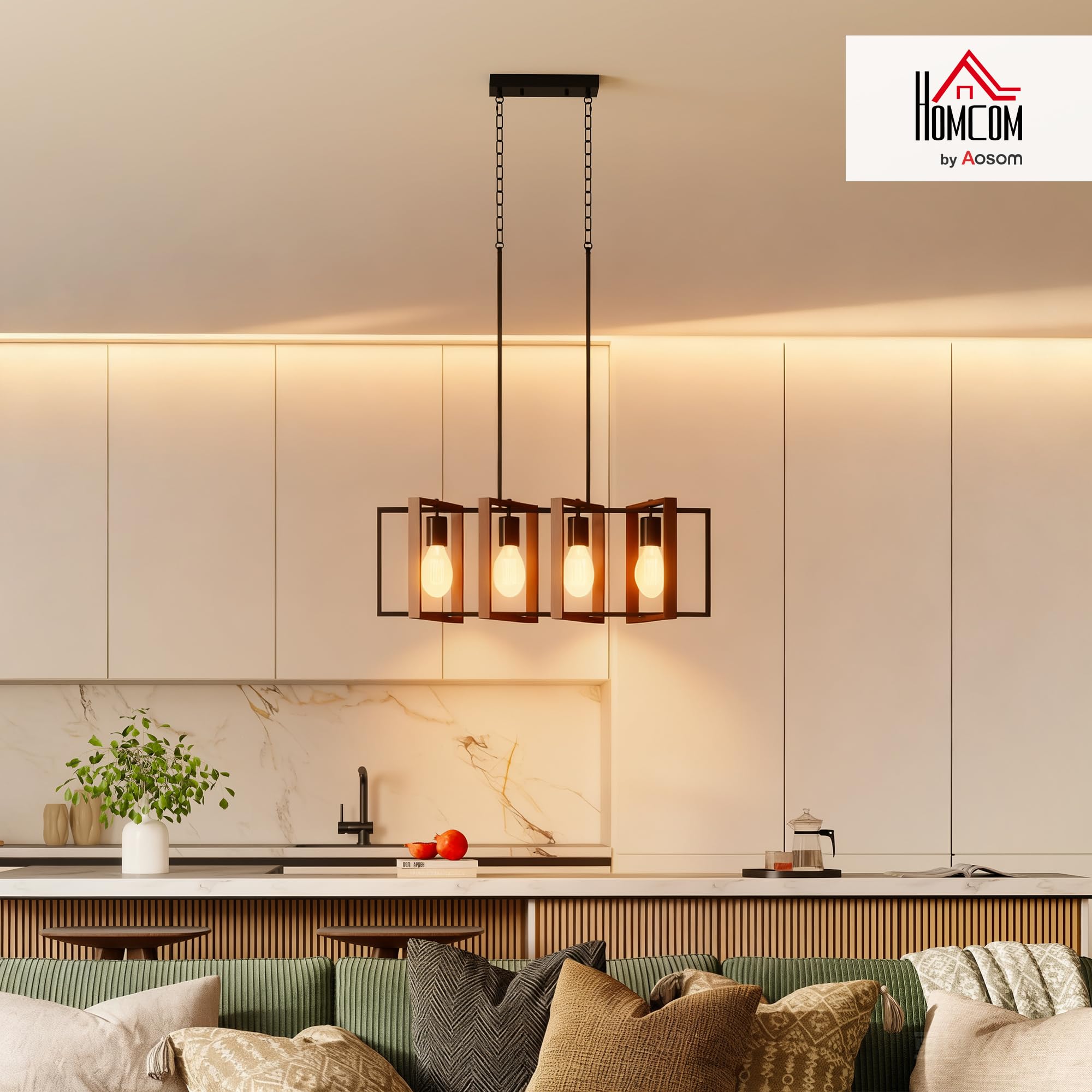 HOMCOM Lampadario a Sospensione 80x21x90-130 cm Nero e Marrone Noce | Altezza Regolabile, Stile Aziendale, Prese E27, Soggiorno Sala Da Pranzo Corridoio, Lampadina Non Inclusa