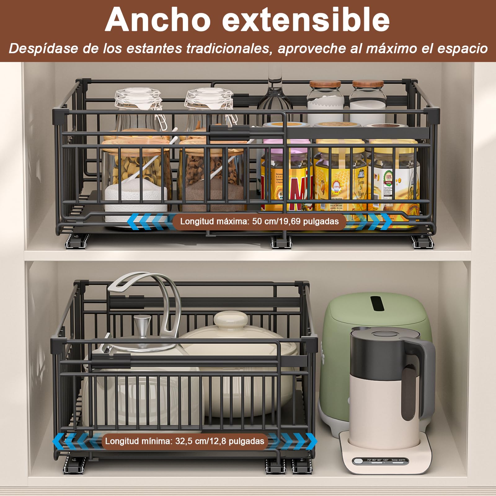 2 Piezas Cajones Extraibles para Cocina Bandeja Extraible Armario cajon Telescopico Cocina,Ancho Ajustable 32.5-50cm,Para Almacenaje y Organizador en Hogar Negro