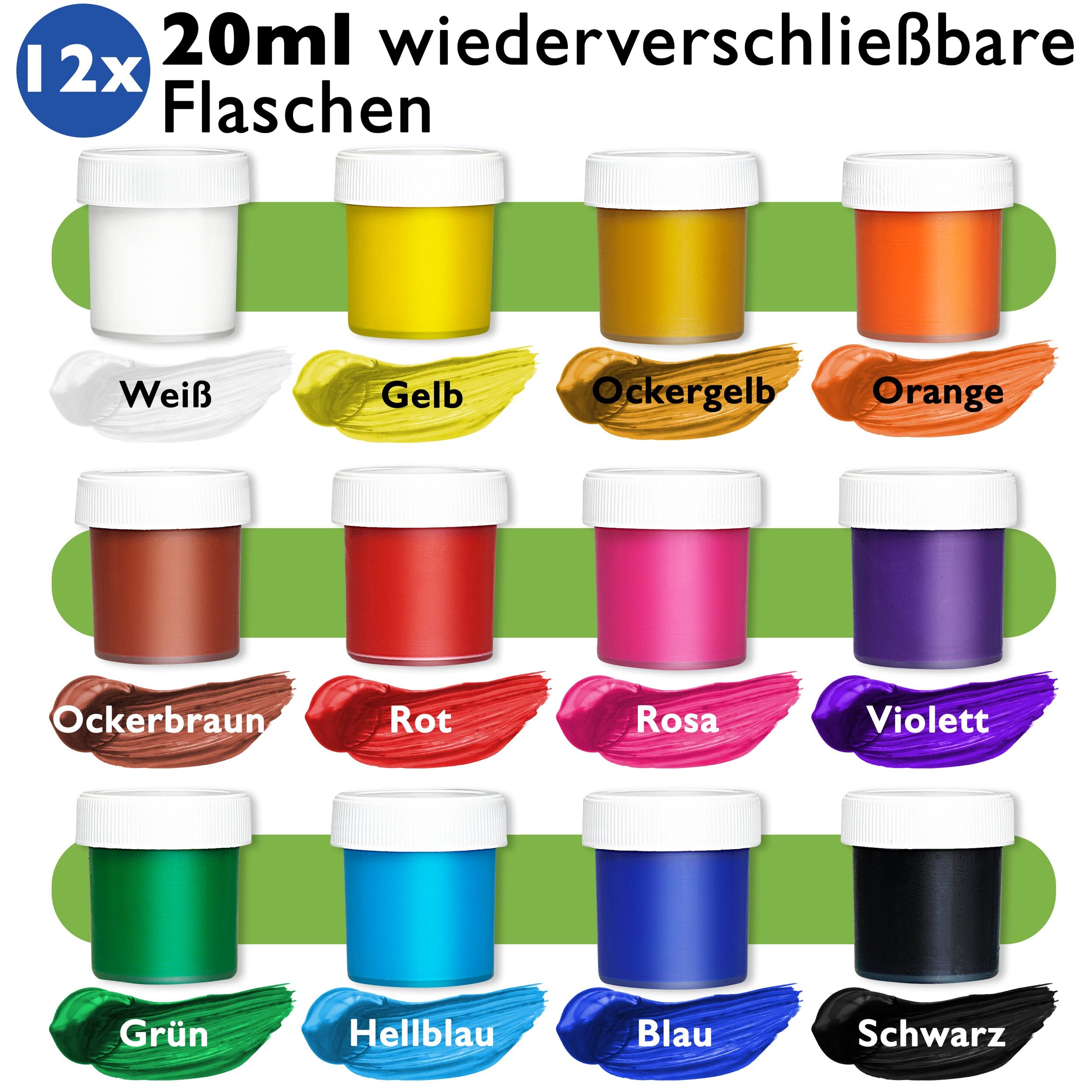Wasserfeste Acryl-Farben, Acrylic Paint - 12 stark pigmentierte Acrylfarben Set je 20ml, Bastelfarben für Papier, Stein, Holz, Ton, Gips, Leinwand