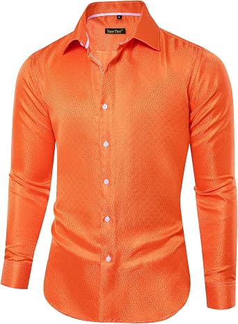 YourTies Mens Silk Paisley Dress Shirt Floral Button Down Shirt Jacquard Long Sleeve Regular Causal Wedding Party Prom Luxury