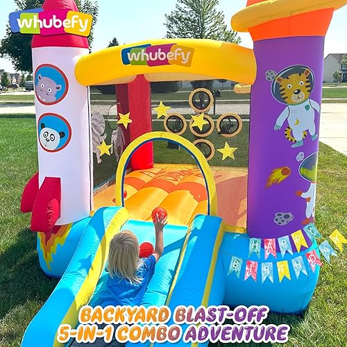 Miniatura 3 de Whubefy Casa inflable de rebote para niños de 3 a 6 años, castillo animoso de cohetes de espacio pequeño con tobogán y soplador, juego de rol de