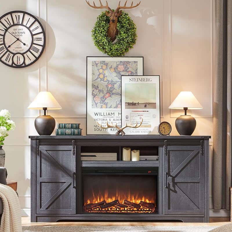 Farmhouse Fireplace TV Stand for 80 Inch TV, w/Drawer & Sliding Barn Door image 2