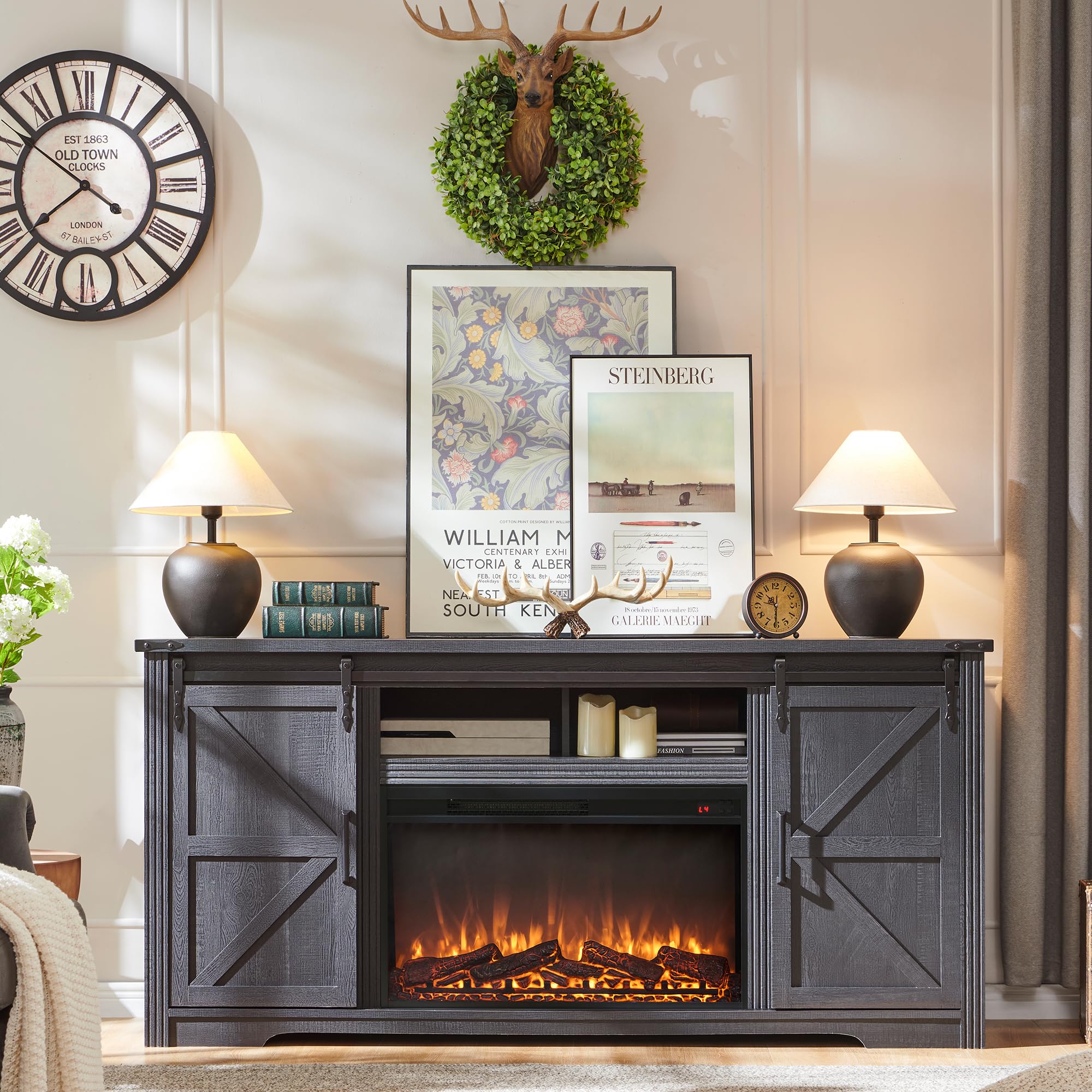 JXQTLINGMU Farmhouse Fireplace TV Stand for 80 Inch TV, 32" Tall Entertainment Center w/Drawer & Sliding Barn Door, 70 Inch Highboy Media Console for