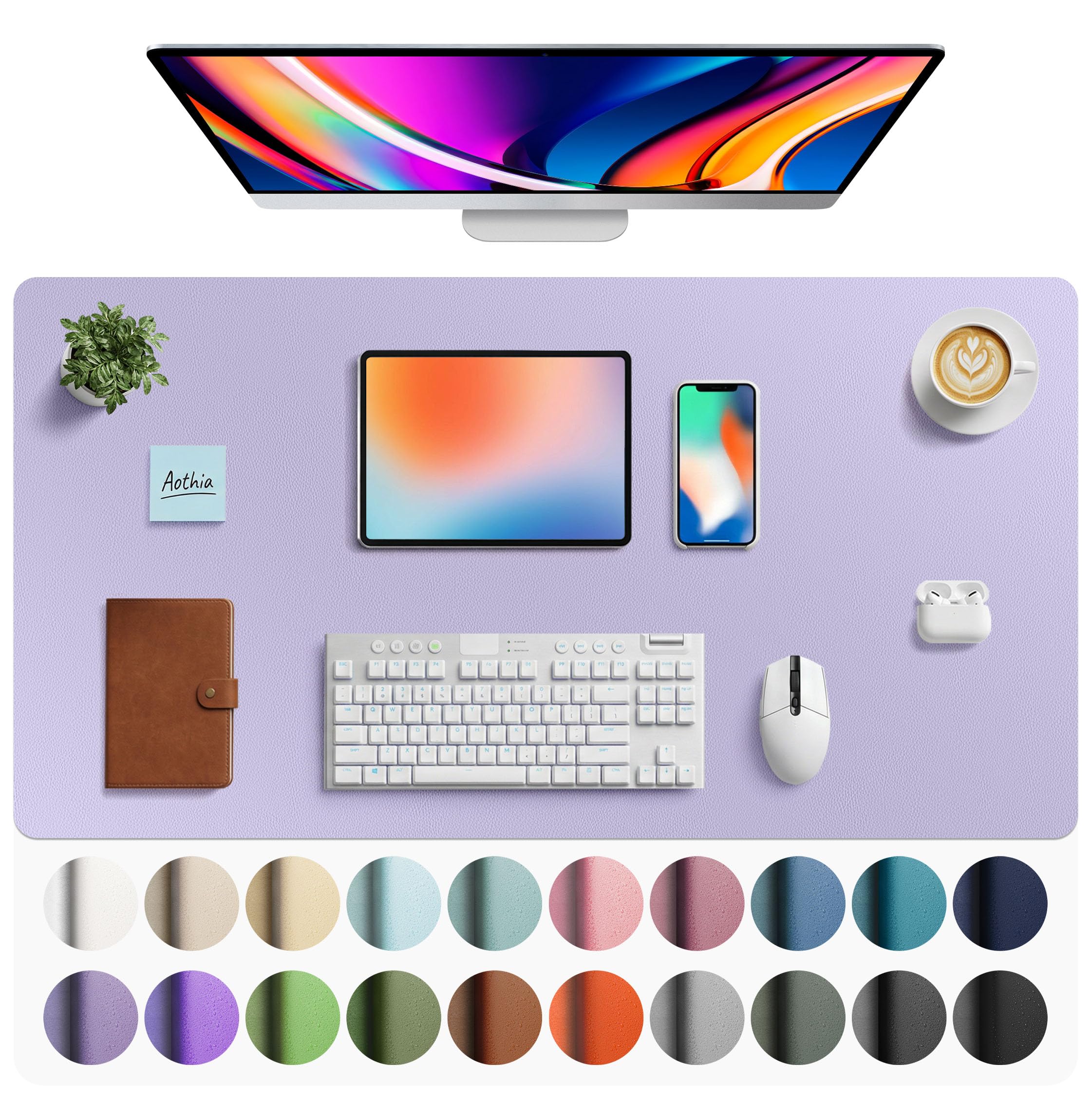 Aothia Faux Leather Desk Mat - Large Mouse Pad, Non-Slip PU Leather Blotter, Waterproof Writing Surface for Office and Home (Lavender, 40" x 24")