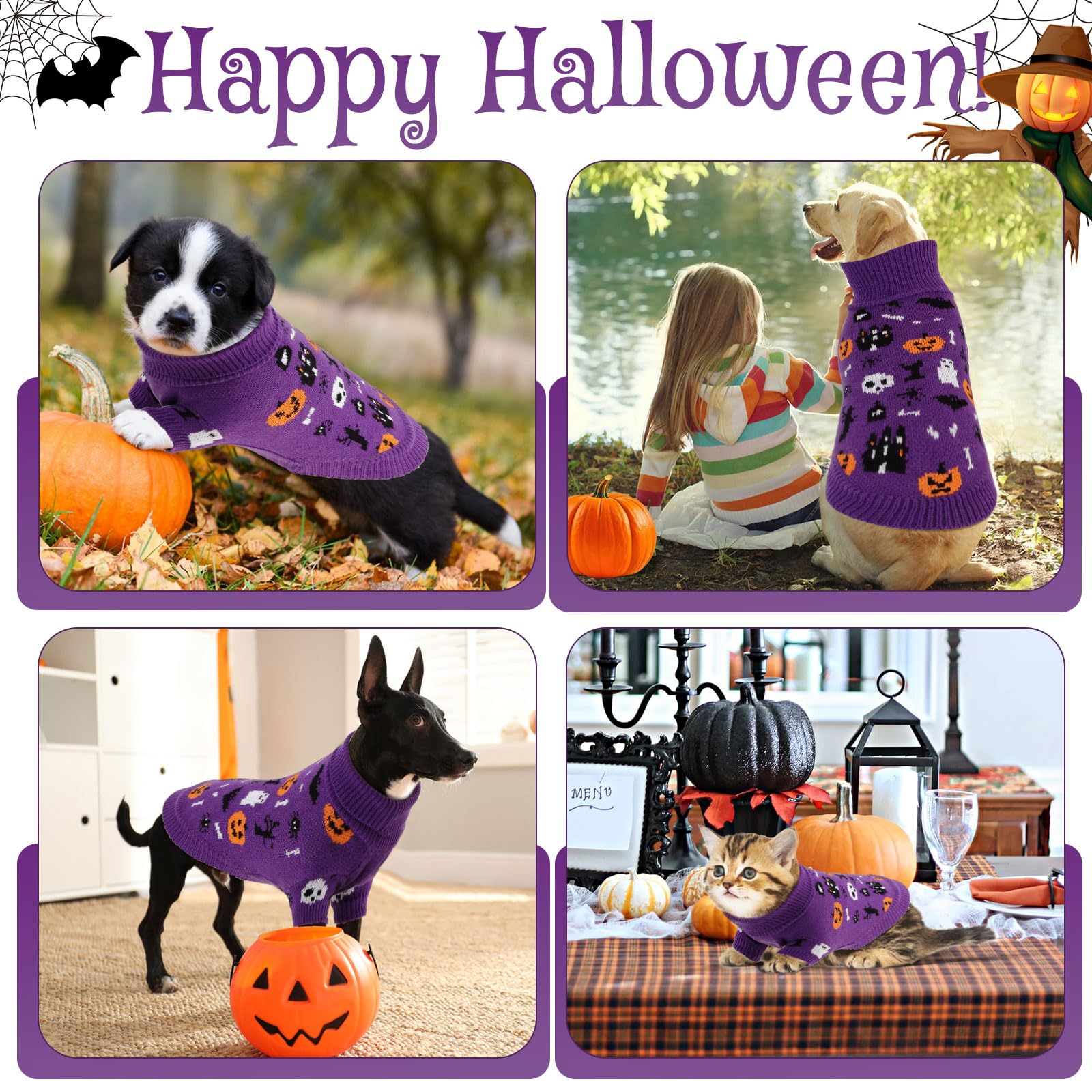 OTOB Halloween Sweater for Small Dogs Puppy, Pumpkin Knitwear Large Cat Sweater, Warm Turtleneck Classic Pet Clothes, Dog Halloween Costumes Holiday Outfit with Pumpkin Ghost Bat Spider, Purple, M
