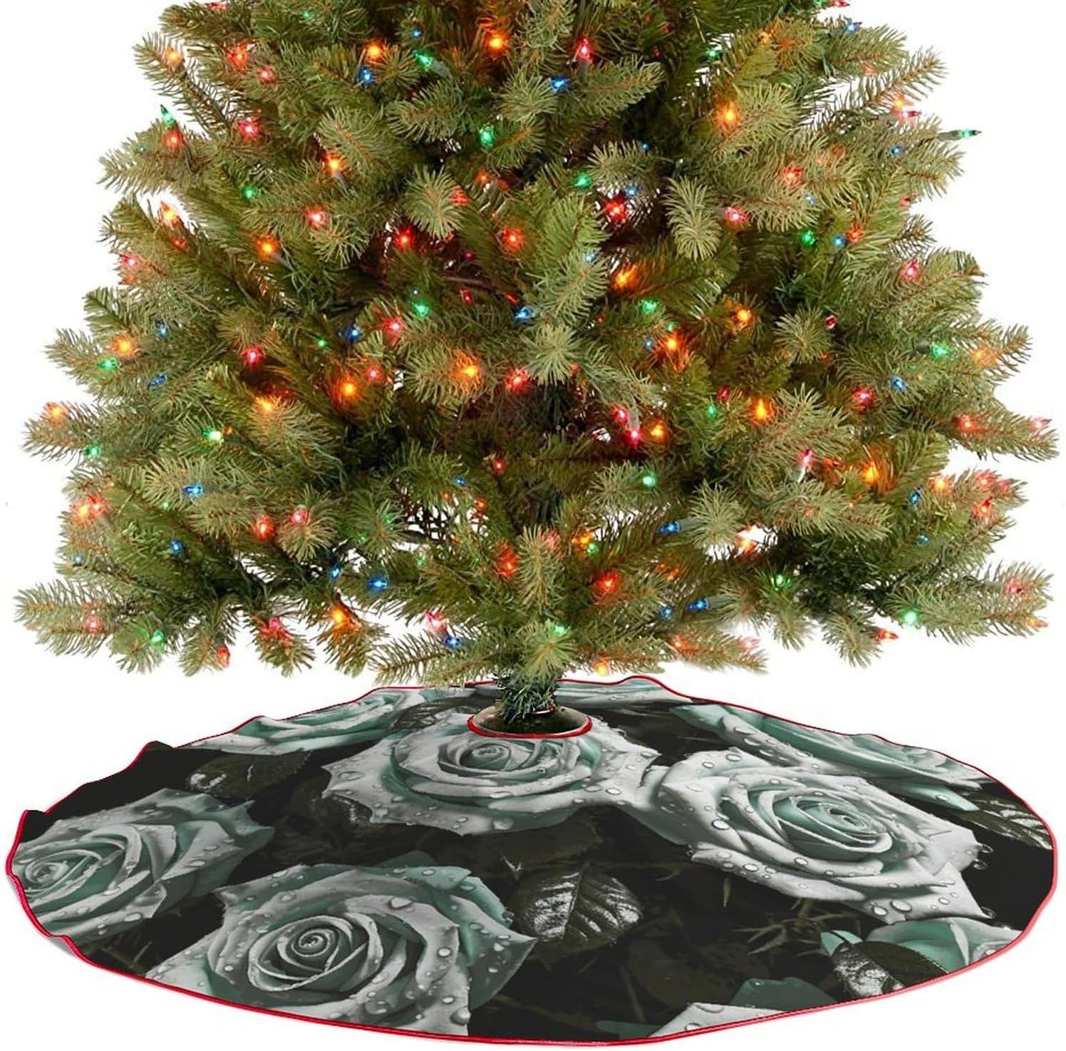 Christmas Tree Skirt,for Xmas Tree Holiday Party Decorations Green Rose Printed Christmas Tree Mat Red Lace-up Christmas Tree Dress