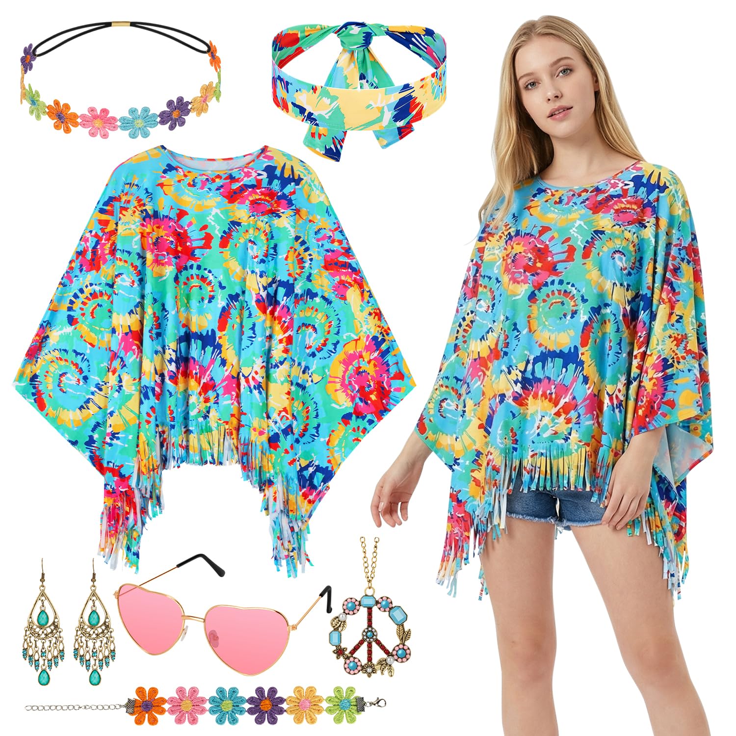 Alintor Hippie Kostüm Damen, 70er Jahre Outfit Damen, Flower Power Kleidung, Schlagermove Outfit, Faschingskostüme, Karneval