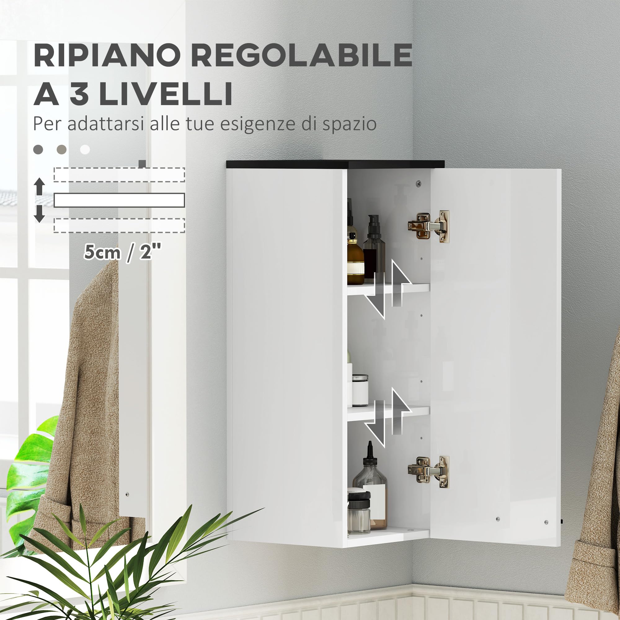 Armadietto Da Bagno A Parete HOMCOM - 3 Ripiani Regolabili In Vetro, Legno Bianco Lucido, Dimensioni 40x15x55 Cm