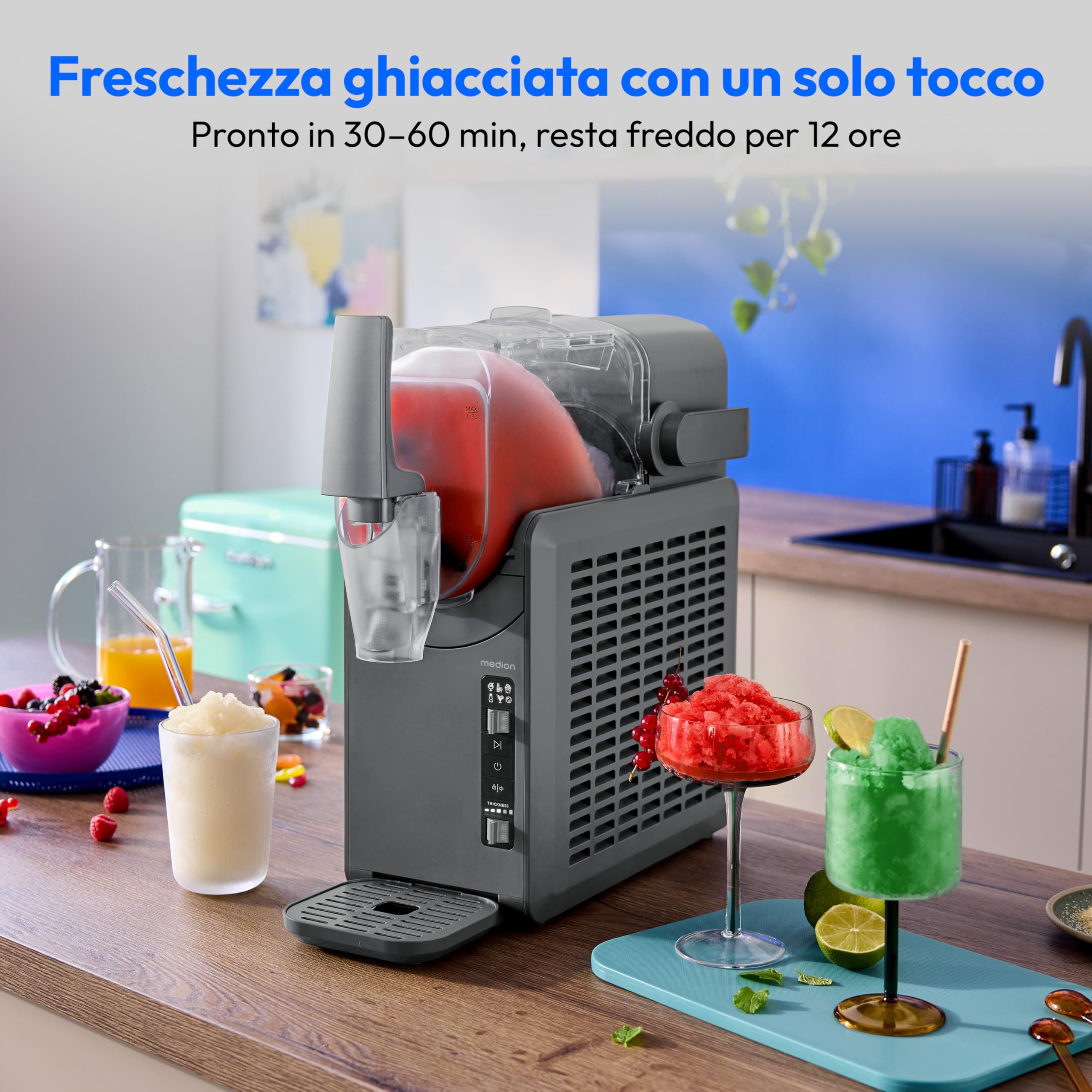 MEDION Macchina per granite (capacità 2,6 L, contenitore 1,9 L, slush maker per bevande, 5 modalità, tempo di preparazione 30–60 min, compressore), MD12090, argento