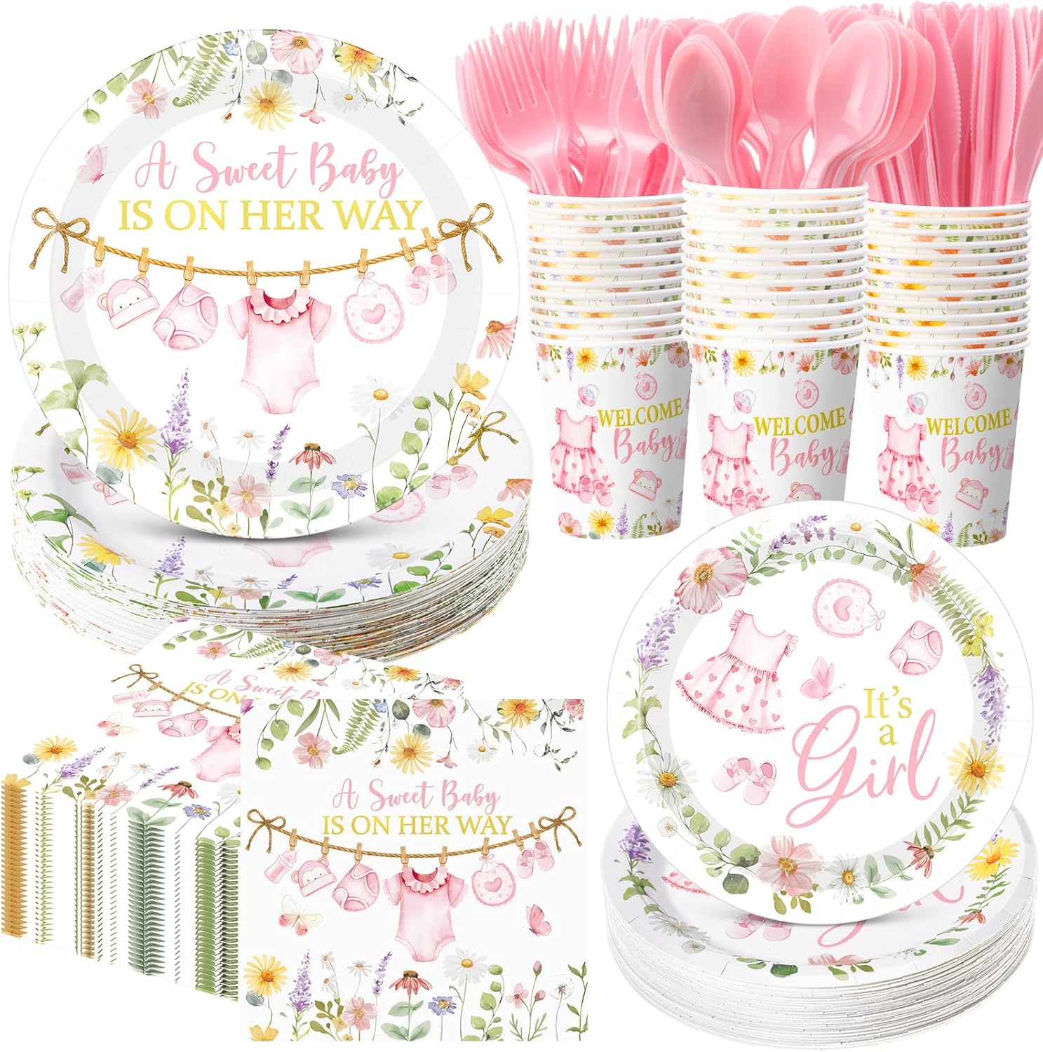 400 Pcs Pink Wildflower Girl Baby Shower Party Decoration for 50, Baby in Bloom Paper Plates Napkins and Cups Cutlery Floral Tableware Set for a Sweet Babys Is on Her Way Party Supplies