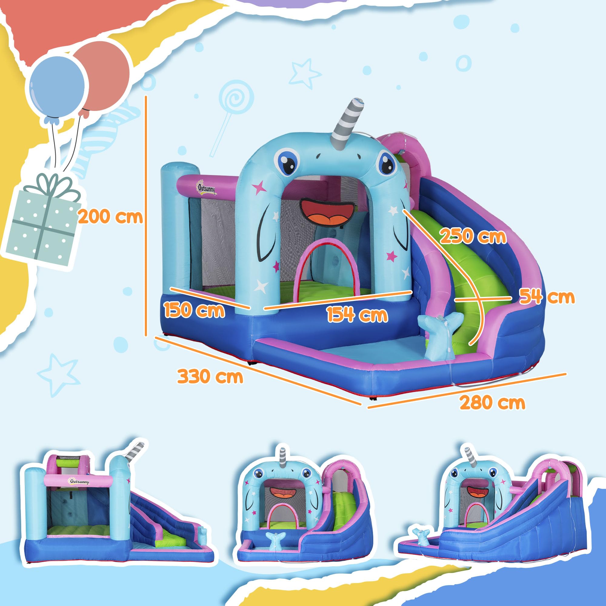Outsunny Aufblasbare Hüpfburg mit Gebläse, Wasserspielcenter inkl. Sicherheitsnetz, Wasserrutsche, Spielburg Wasserpark für Kinder 3 bis 8 Jahre, 330 x 280 x 200cm