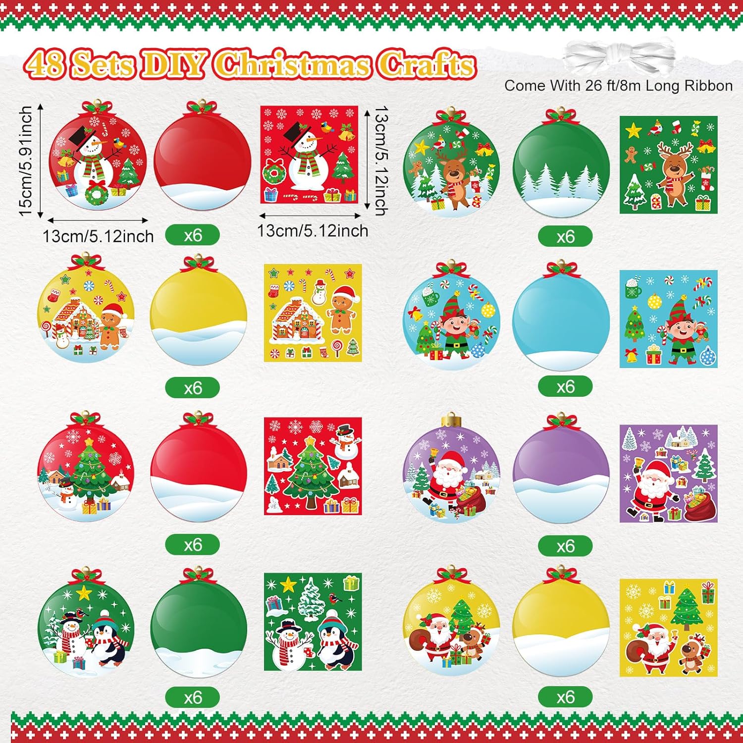 48 Pcs Christmas Craft Kits for Kids DIY Christmas Ornament Kit Make Your Own Xmas Arts and Crafts Xmas Decor with Stickers for Holiday Class Home Party Favors Supplies(Ball)