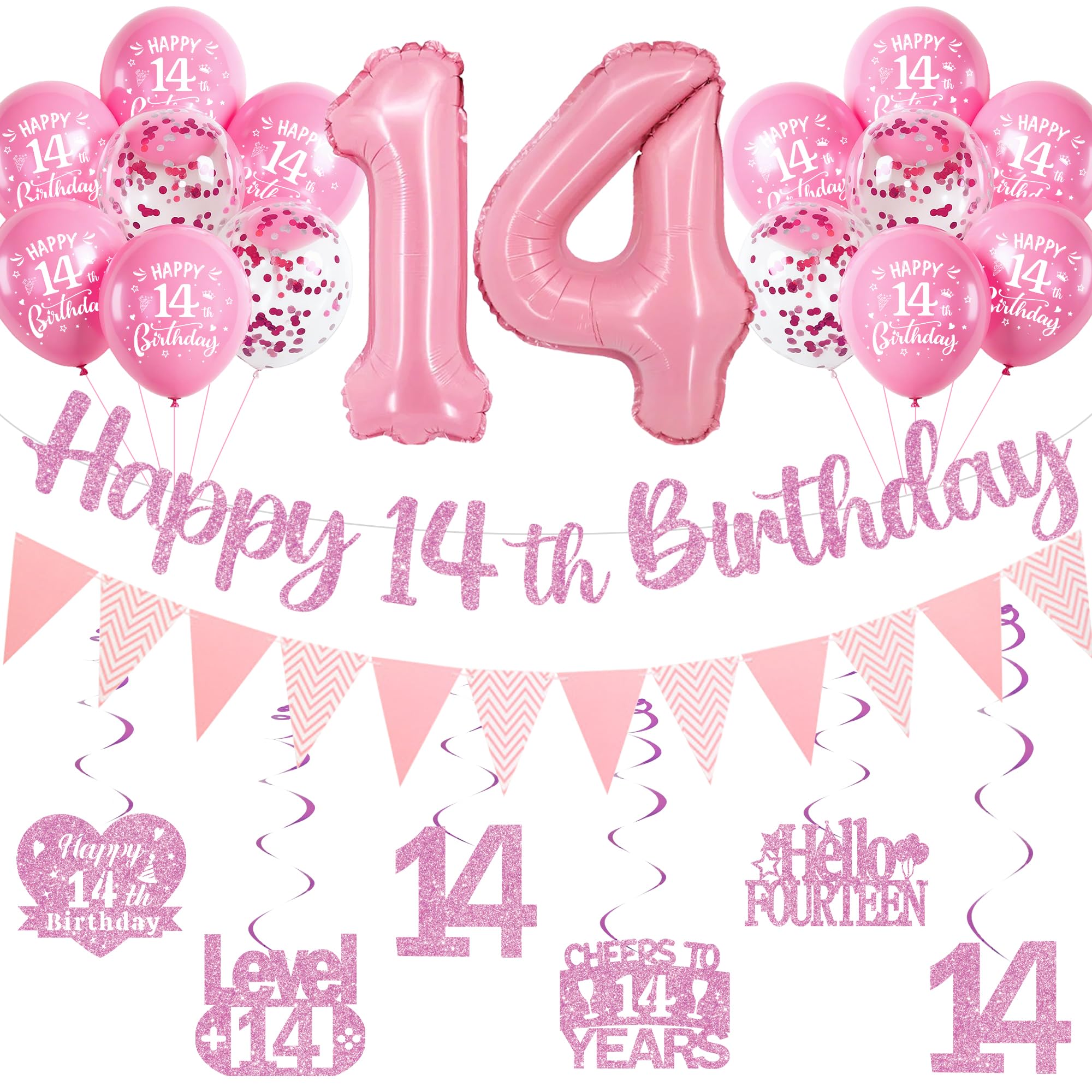 14th Birthday Decorations for Boys Girls - Black Rose Gold Glitter Happy 14th Birthday Letter Banner and Pennant Flags, Number 14 Foil Balloons and Hanging Swirls for 14 Years Old Children Party — view 9