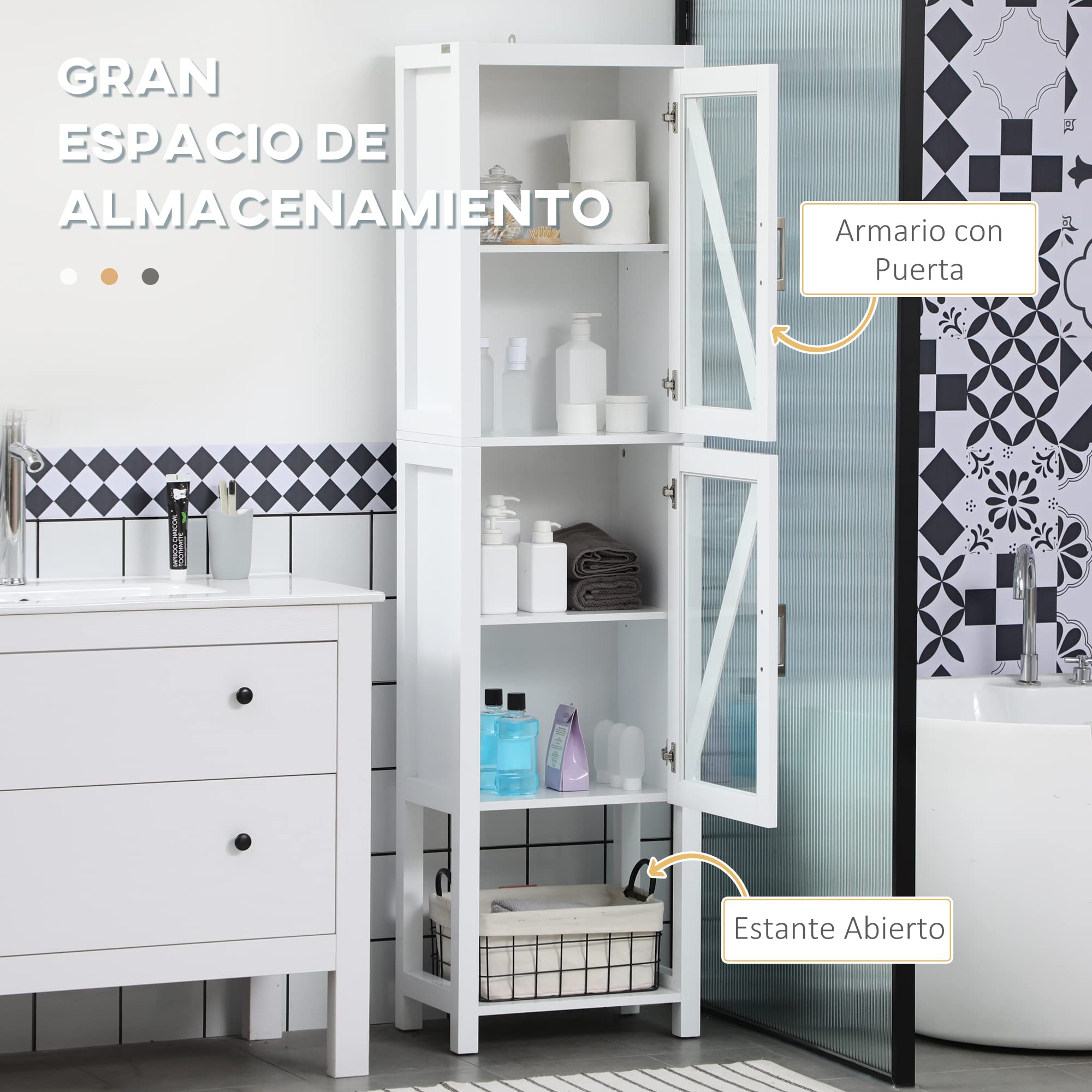 kleankin Columna Auxiliar de Baño 2 Puertas de Vidrio 45x30x170 cm Blanco | Armario Alto de Baño, Estantes Ajustables, Estante de Almacenamiento