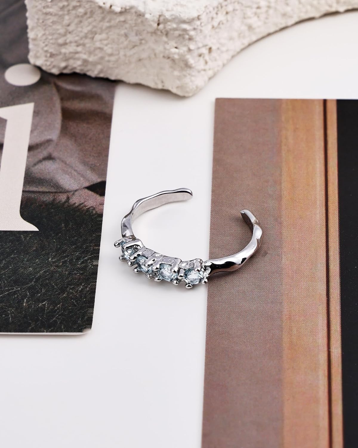 Adjustable Aquamarine Ring for Women - Sterling Silver Open Statement Ring, Stackable Fashion Jewelry - Image 6