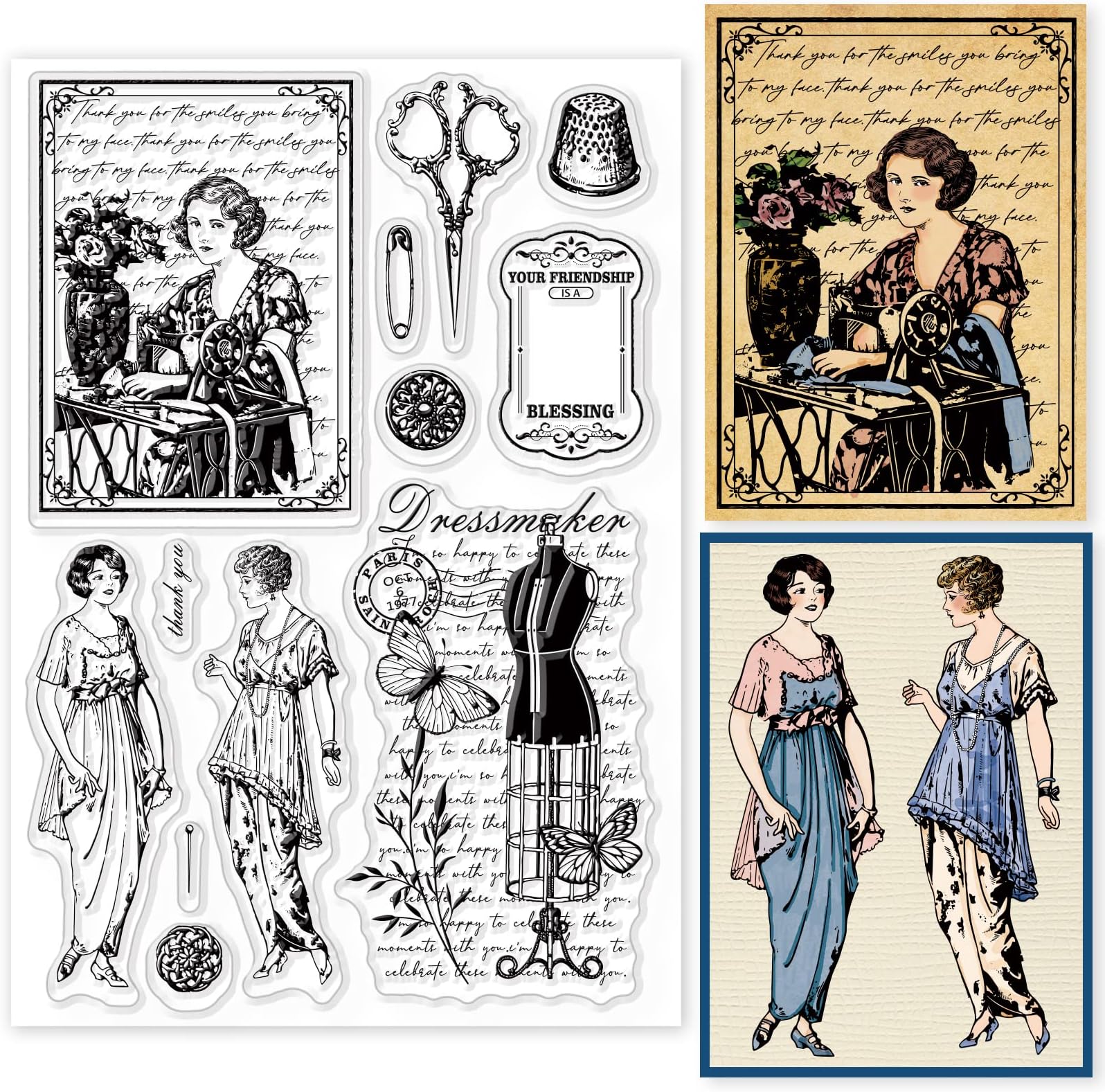 GLOBLELAND Vintage Sewing Background Clear Stamps for DIY Scrapbooking Elegant Lady Sewing Machine Model Clear Stamp Seals for Journals Decorative Cards Making Photo Album