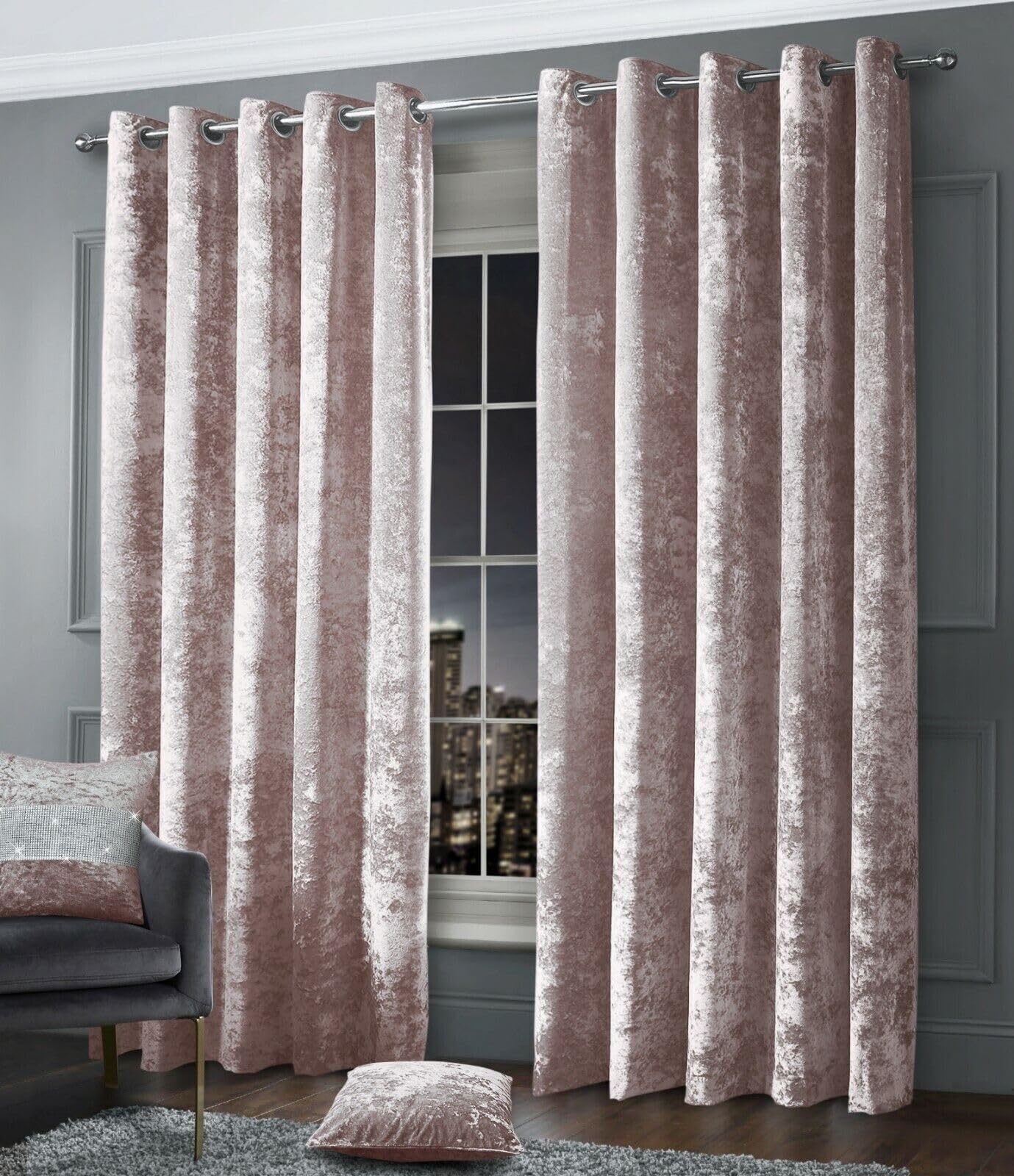 Crushed Velvet Curtains Pair Of Eyelet Ring Top Fully Lined Curtains (Blush Pink, 66'' X 90'')