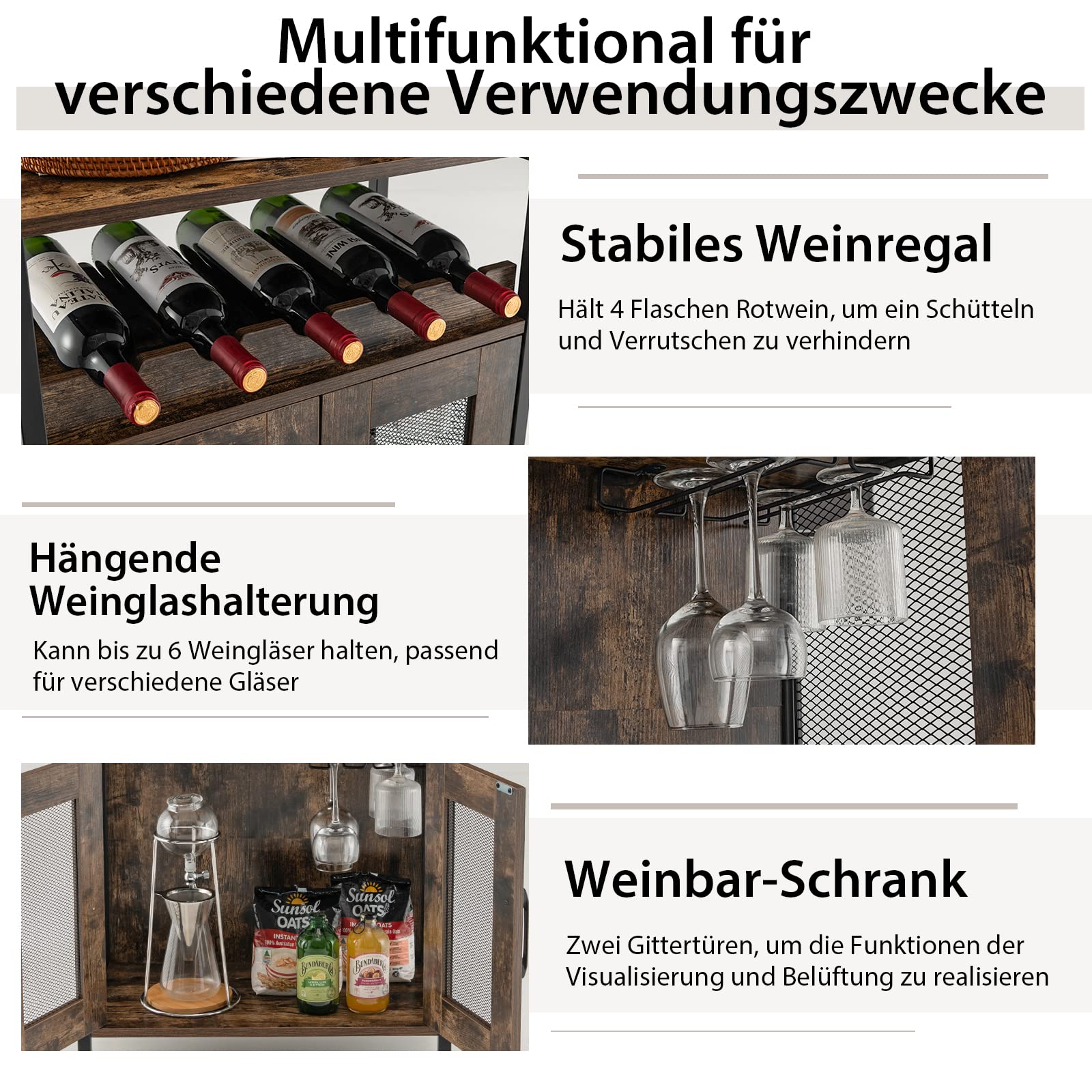COSTWAY Szafka na wino, szafka kuchenna ze zdejmowanym regałem na wino i wbudowanymi uchwytami na szkło, komoda drewniana, kredens 60 x 34 x 79 cm (ciemnobrązowa)