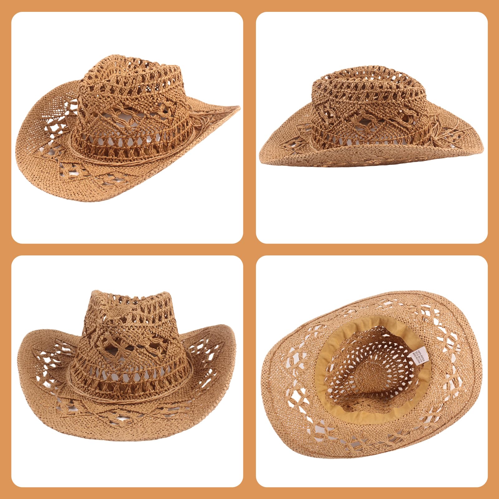 Cappelli da cowboy in paglia traspirante scavato cappello da cowgirl protezione solare modellabile cappello da cowgirl occidentale arrotolabile a tesa larga per vacanze estive vacanze spiaggia