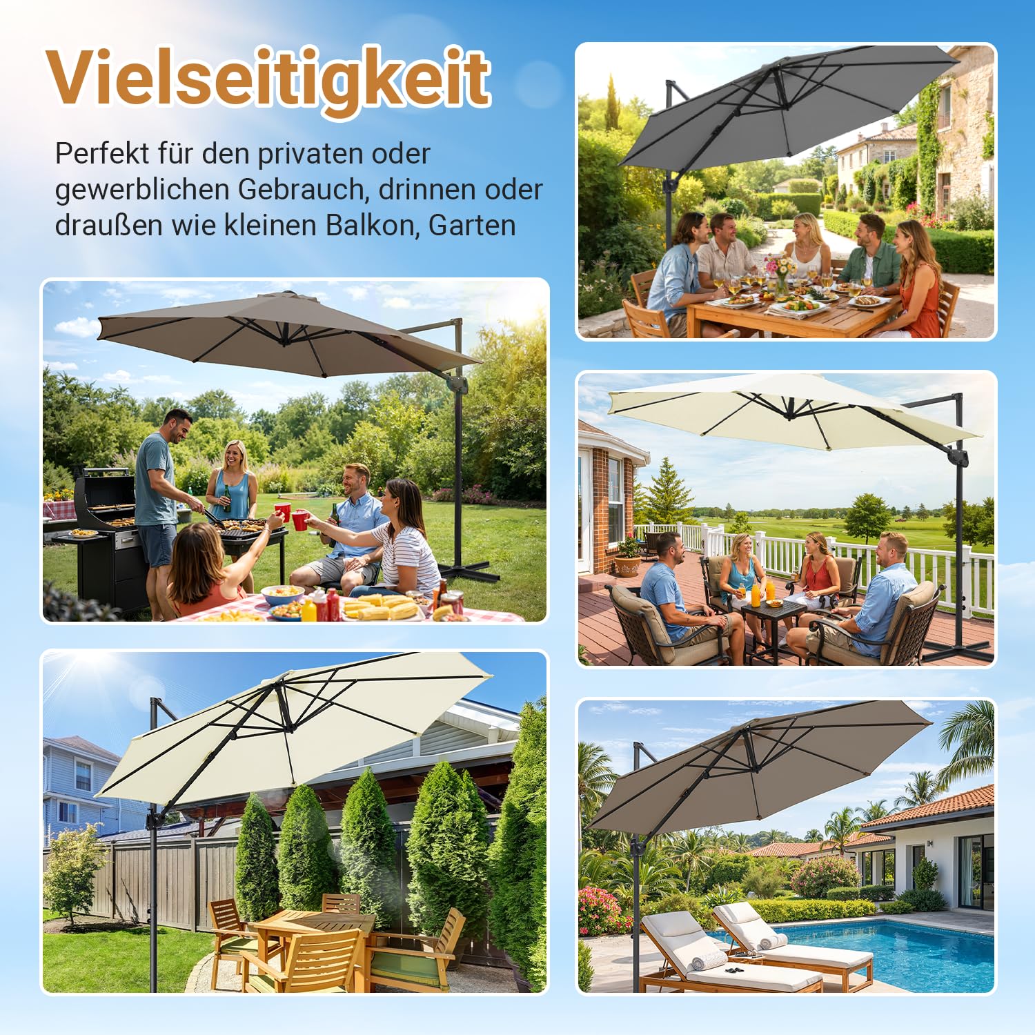 Sonnenschirm 300 cm Ampelschirm 3m, 360° drehbar, Gartenschirm mit Kurbel, 0-60° neigbar, UV50+, 8 Rippen, 48mm Mast, mit Kreuzfuß, optional mit Solar LED, Terrasse Garten