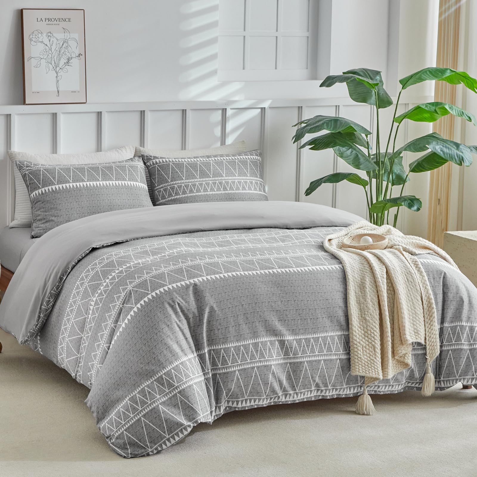 Tokokimo 4PCS Duvet Cover Sets King Size Bedding Sets, Botanical Branches Printed Grey Kingsize Duvet Cover Sets with Pillowcases and Extra Fitted Sheet, Soft Microfiber King Size Bedding Sets — view 99