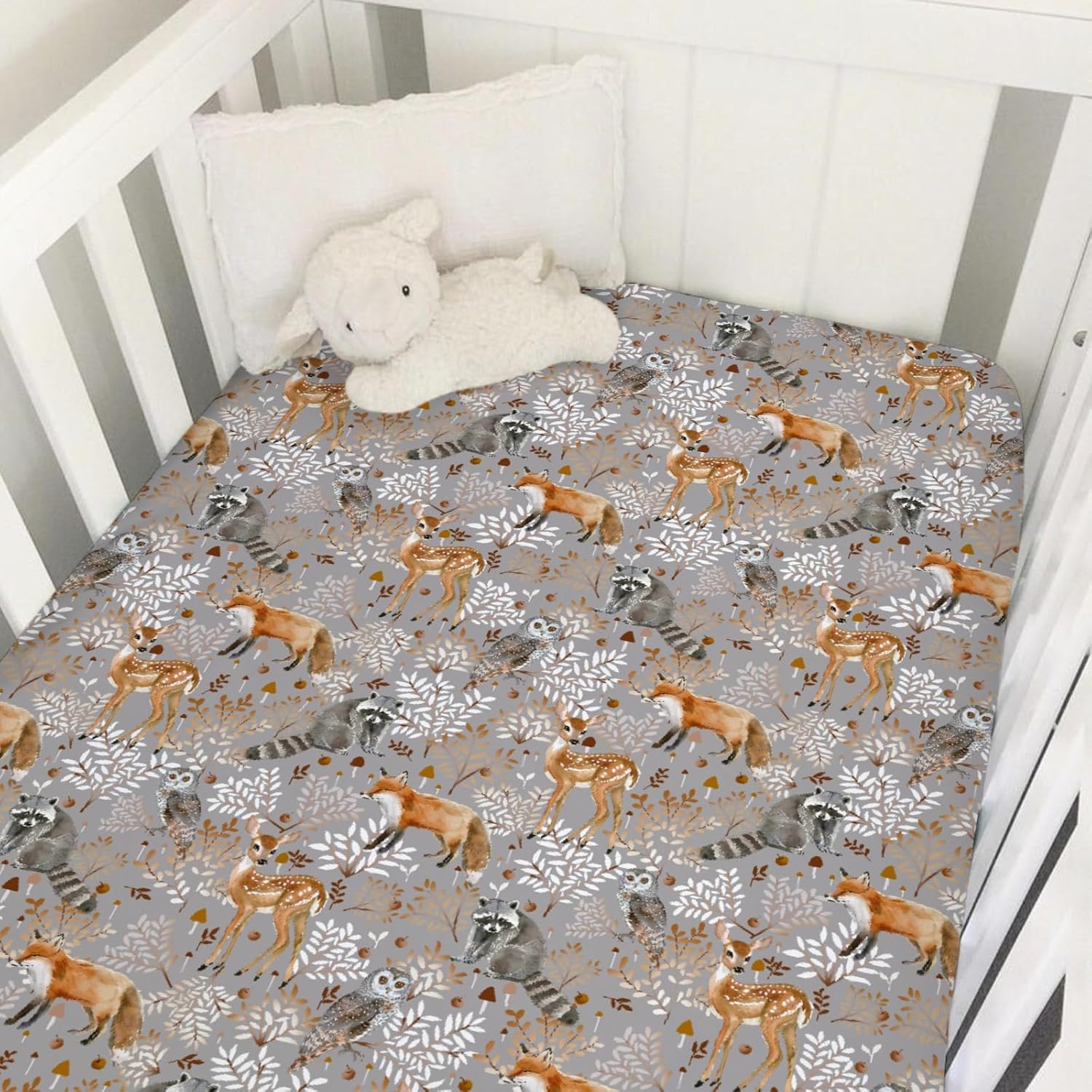 Baby Animals Mushroom Leaves Crib Sheet 52''x28'' Deer Fox Raccoon Owl Stretchy Fitted Crib Mattress Cover for Boy Girl Forest Animals Soft Baby Bed Sheets for Standard Crib Toddler Mattress