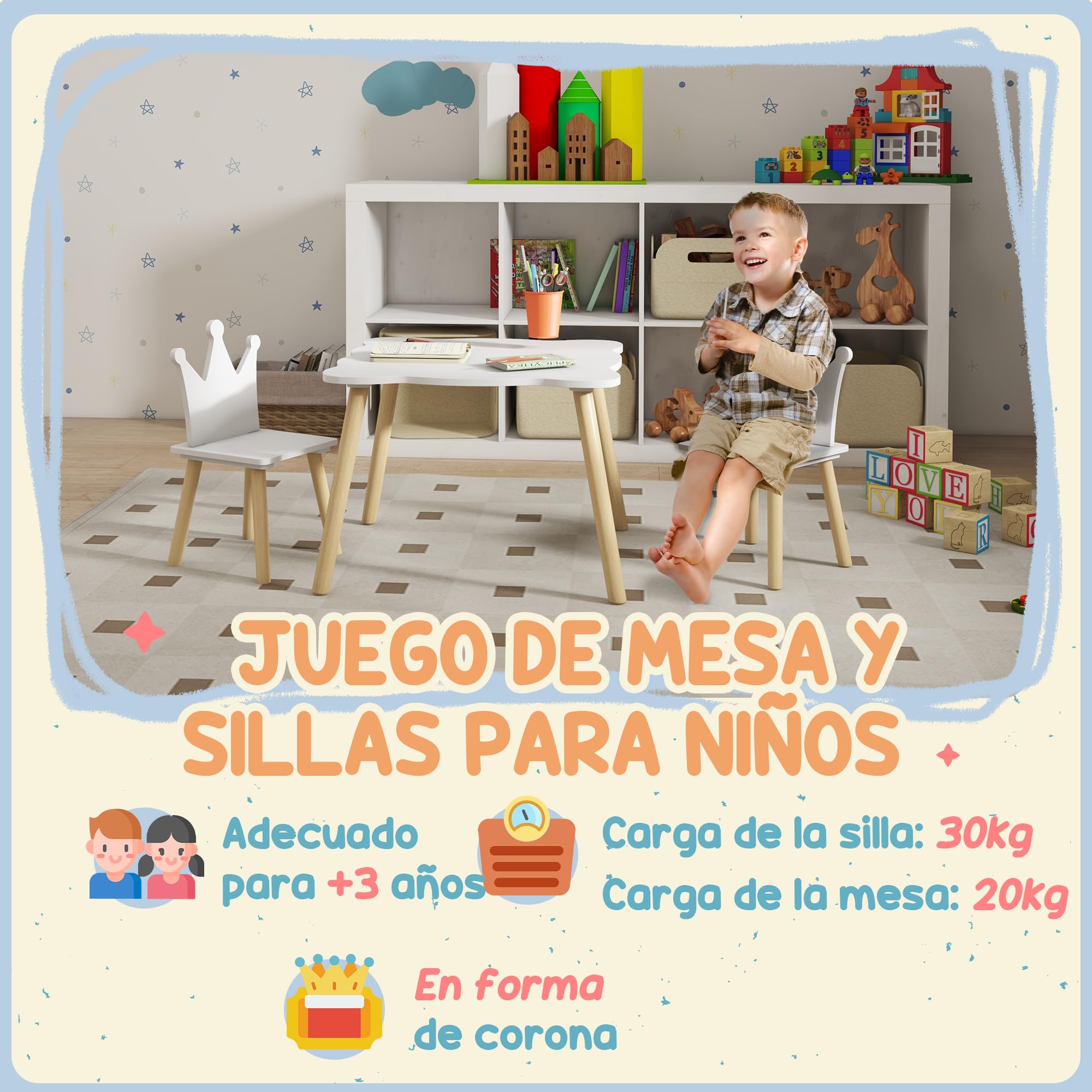 AIYAPLAY Mesa y Sillas Infantiles de 3 Piezas Mesa Infantil con 2 Sillas con Respaldo en Forma de Corona para Niños de 3-6 Años para Sala de Juegos Dormitorio Guardería Blanco